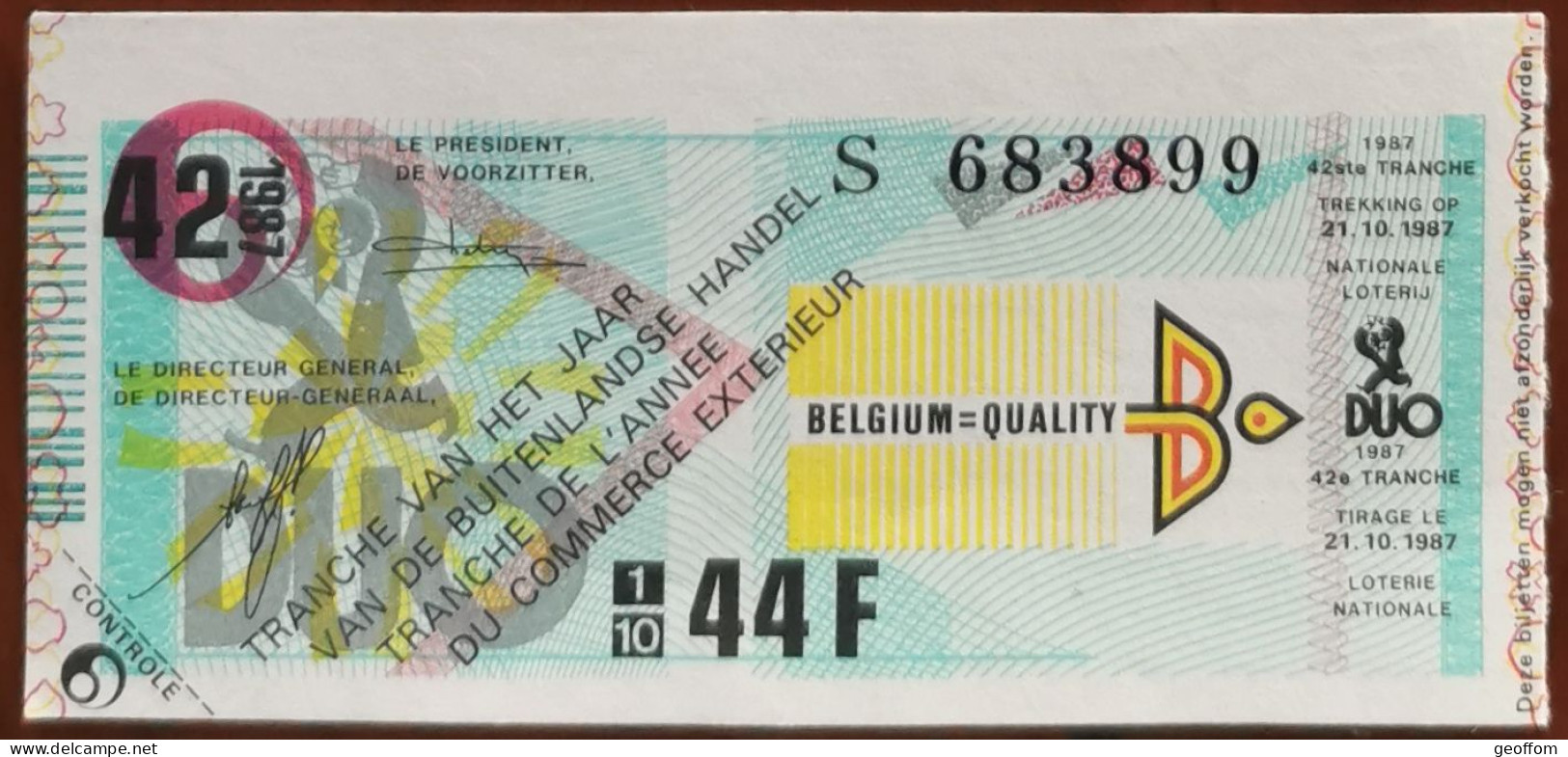 Billet De Loterie Nationale Belgique 1987 42e Tranche De L'Année Du Commerce Extérieur - 21-10-1987 - Biglietti Della Lotteria