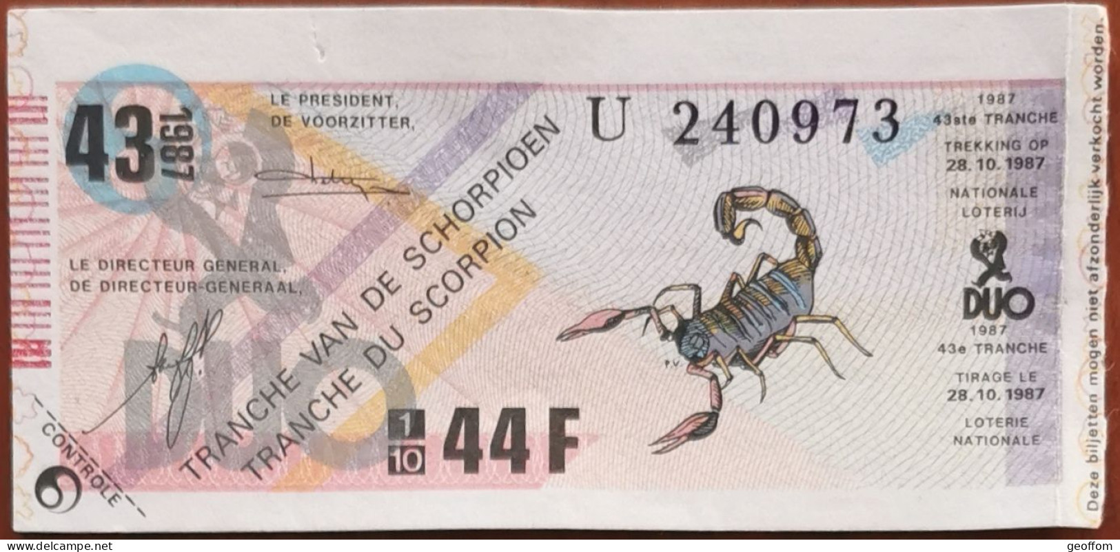 Billet De Loterie Nationale Belgique 1987 43e Tranche Du Scorpion - 28-10-1987 - Billetes De Lotería
