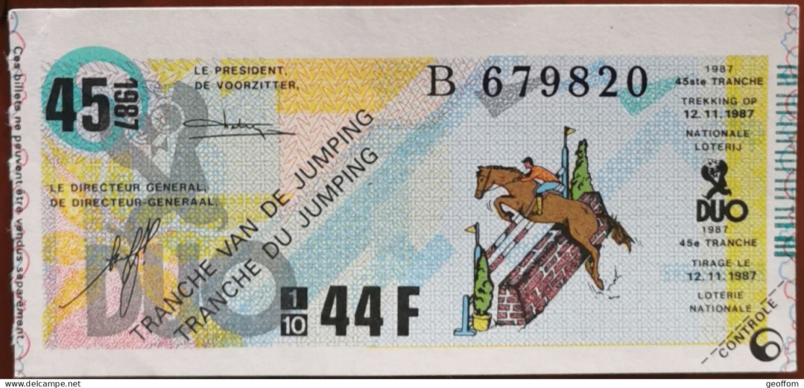 Billet De Loterie Nationale Belgique 1987 45e Tranche Du Jumping - 11-11-1987 - Billetes De Lotería