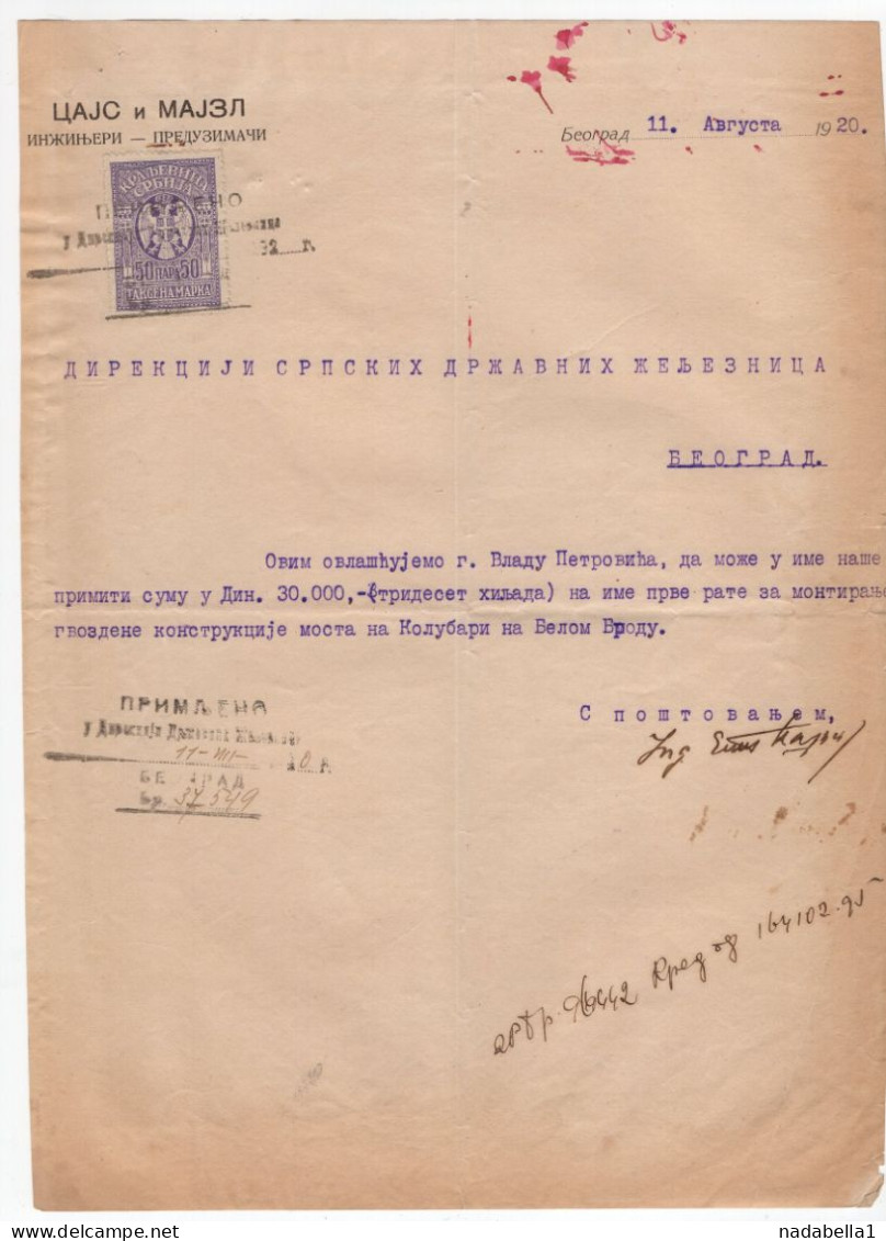 1920. KINGDOM OF SHS,SERBIA,BELGRADE,CAIS & MAISL ENGINEERS LETTERHEAD,LETTER TO STATE RAILWAYS,1 STATE REVENUES - Covers & Documents