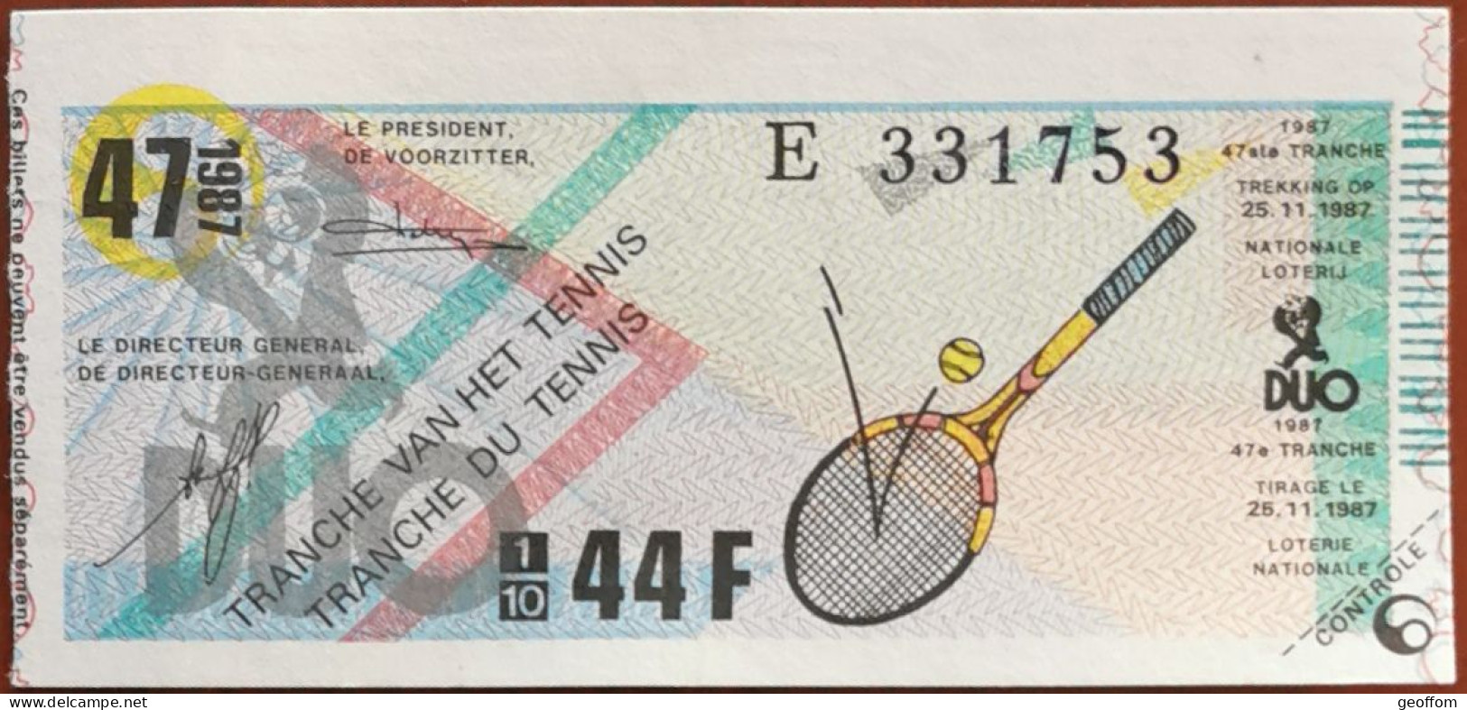 Billet De Loterie Nationale Belgique 1987 47e Tranche Du Tennis - 25-11-1987 - Billetes De Lotería