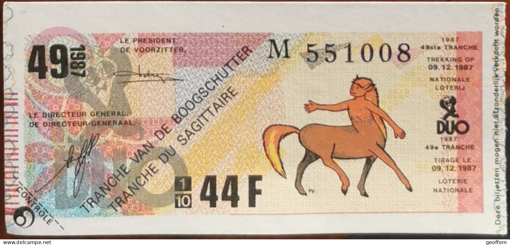 Billet De Loterie Nationale Belgique 1987 49e Tranche Du Sagittaire - 9-12-1987 - Biglietti Della Lotteria