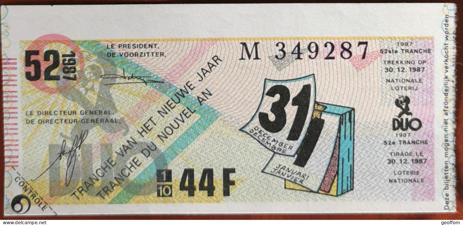 Billet De Loterie Nationale Belgique 1987 52e Tranche Du Nouvel An - 30-12-1987 - Biglietti Della Lotteria