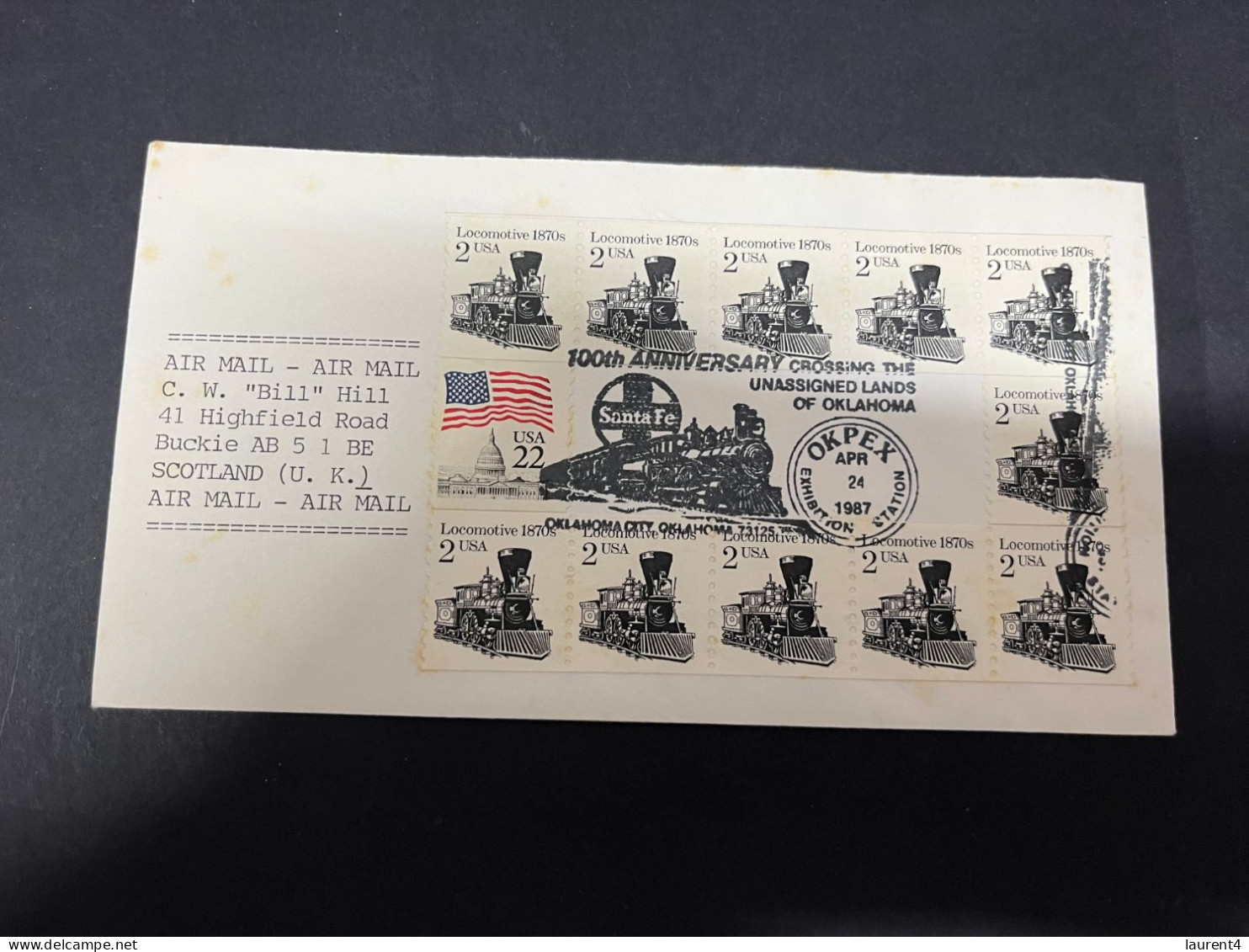 4-1-2024 (4 W 19)  Flight Letter Posted Via Air Mail From USA To UK (Scotland) (steam Train Stamps) 1987 - Altri (Aria)