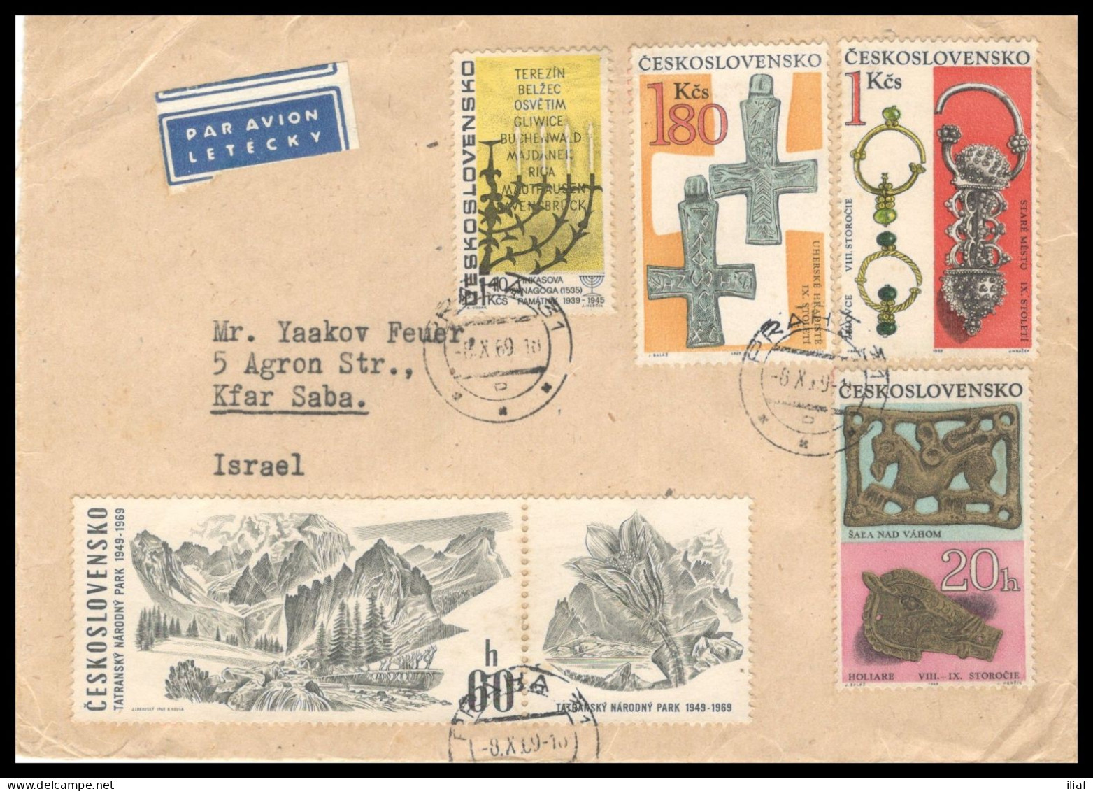 Czechoslovakia. Stamps Sc. 1642+1646+1648+1649 On Letter, Sent From Praha On 6.10.69 To Israel. Par Avion Label. - Storia Postale