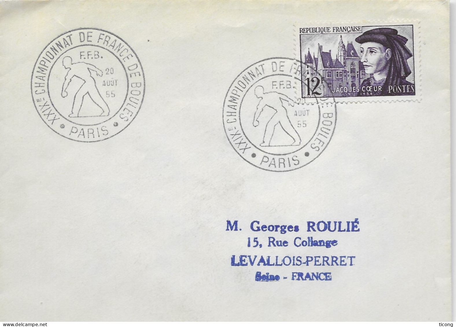 CHAMPIONNAT DE FRANCE DE BOULES 1955 PARIS, CACHETS RONDS ILLUSTRES - 12FRS JACQUES COEUR SEUL SUR LETTRE - A VOIR - Boule/Pétanque