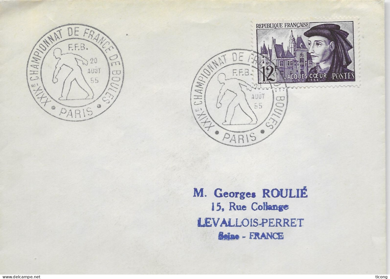 CHAMPIONNAT DE FRANCE DE BOULES 1955 PARIS, CACHETS RONDS ILLUSTRES - 12FRS JACQUES COEUR SEUL SUR LETTRE - A VOIR - Bowls