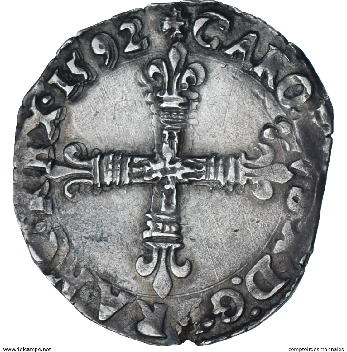 France, Charles X, 1/8 D'écu à La Croix De Face, 1592, Nantes, Argent, TTB - 1589-1610 Henri IV Le Vert-Galant