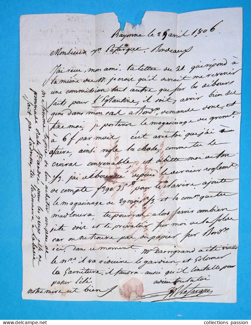 Lettre, Préphilatélie, Précurseurs XIX E Siècle, 1806, 64 BAYONNE à Bordeaux, 3 Scans - 1801-1848: Precursors XIX