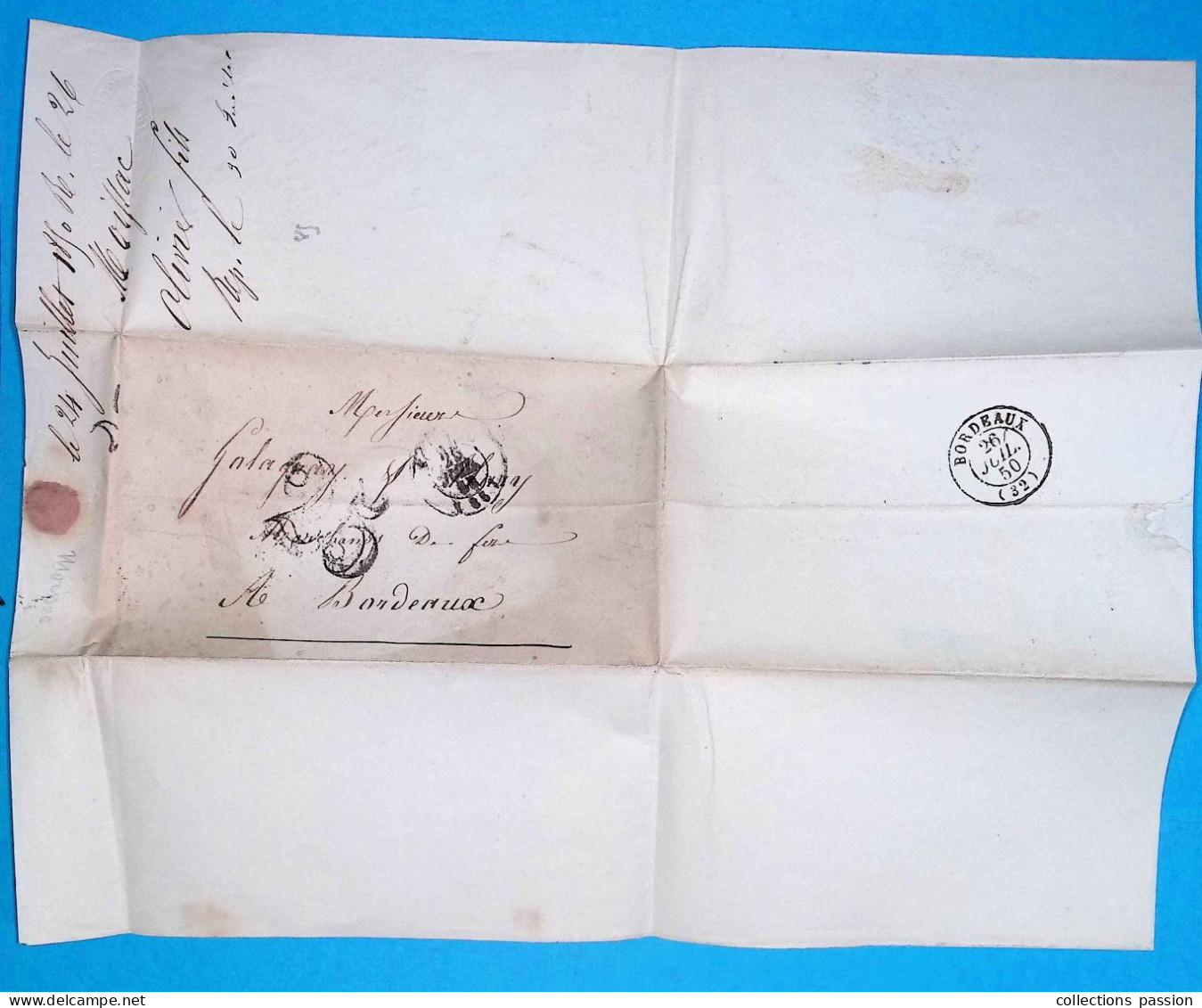 Lettre, 1850, MOISSAC, Tarn Et Garonne à Bordeaux, 25, 3 Scans - 1849-1850 Cérès