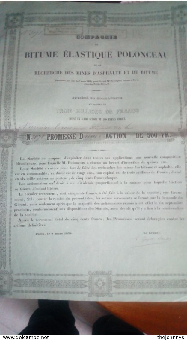 Exceptionnel : Promesse D'une Action Bitumes Elastiques Polonceau 1838 - Altri & Non Classificati