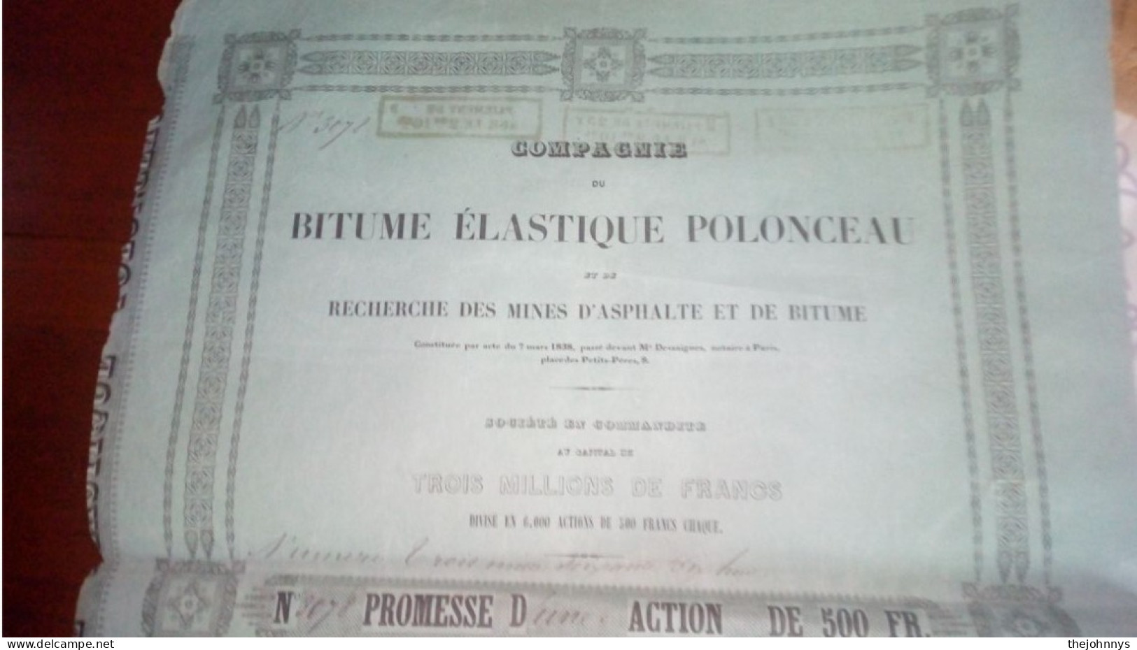 Exceptionnel : Promesse D'une Action Bitumes Elastiques Polonceau 1838 - Otros & Sin Clasificación