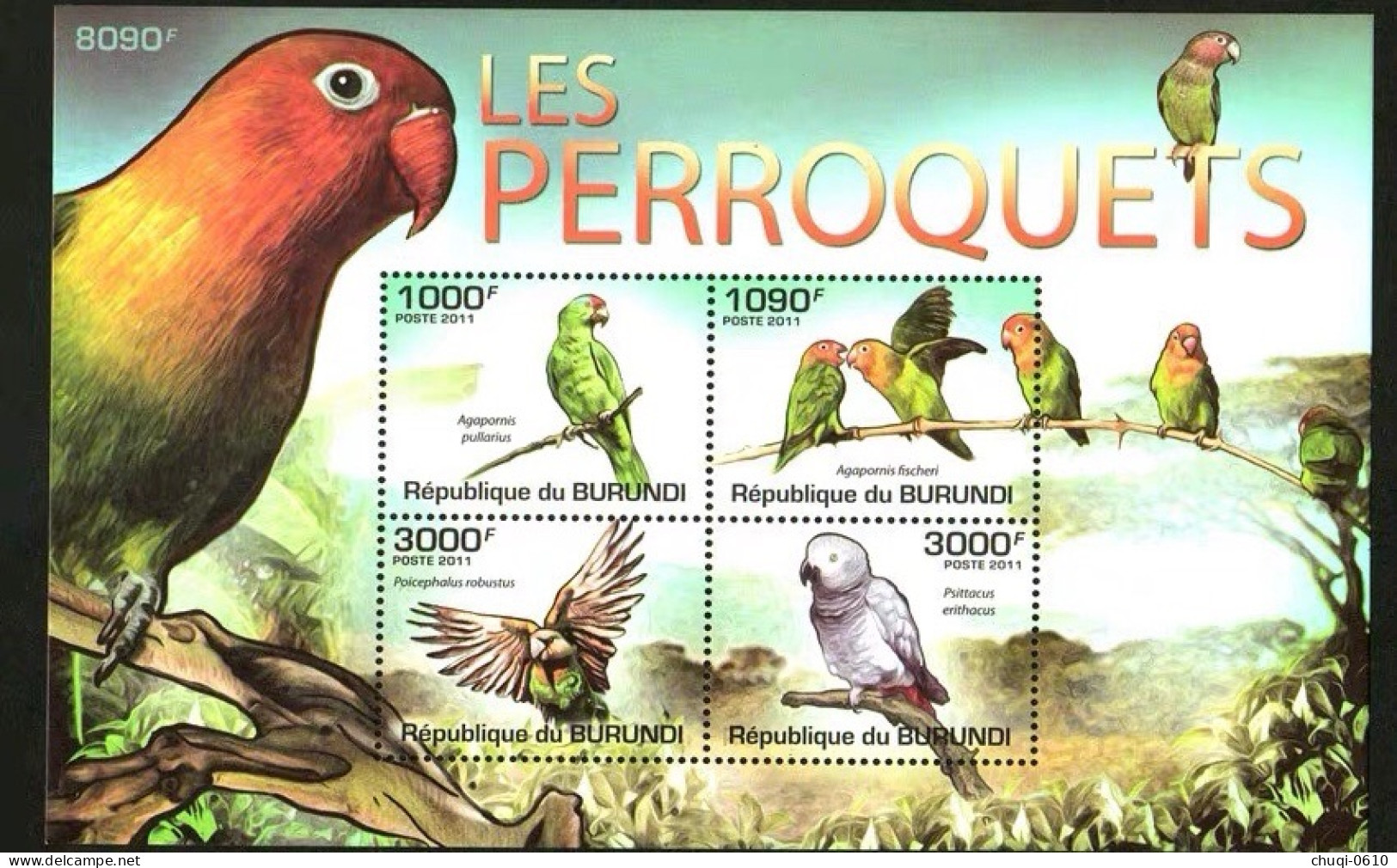 Burundi 2011 Bird Parrot Lovers Parrot Love Bird Grey Parrot,MS MNH - Nuovi