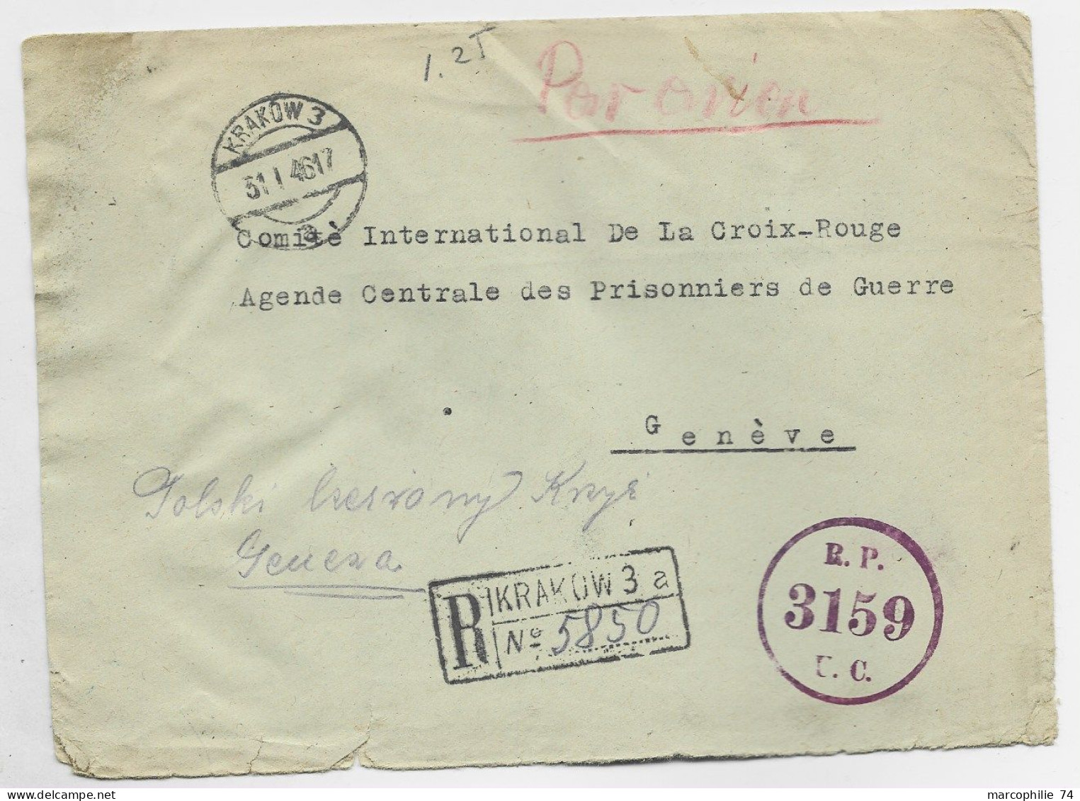 POLAND POLSKA 10ZT+6ZT REPLIE  AU VERSO LETTRE COVER AVION RECKRAKOW 31.1.1946 W 1946  + CENSURE TO HELVETIA - Lettres & Documents