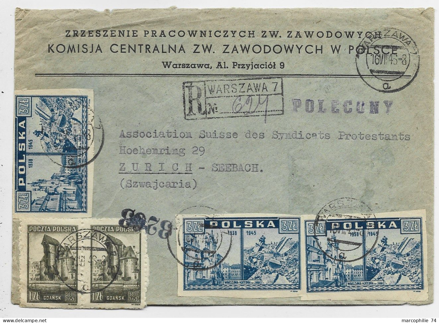 POLAND POLSKA 13ZTX3+17ZTX2 LETTRE COVER AVION REC WARSZAWA 1946 TO HELVETIA - Briefe U. Dokumente