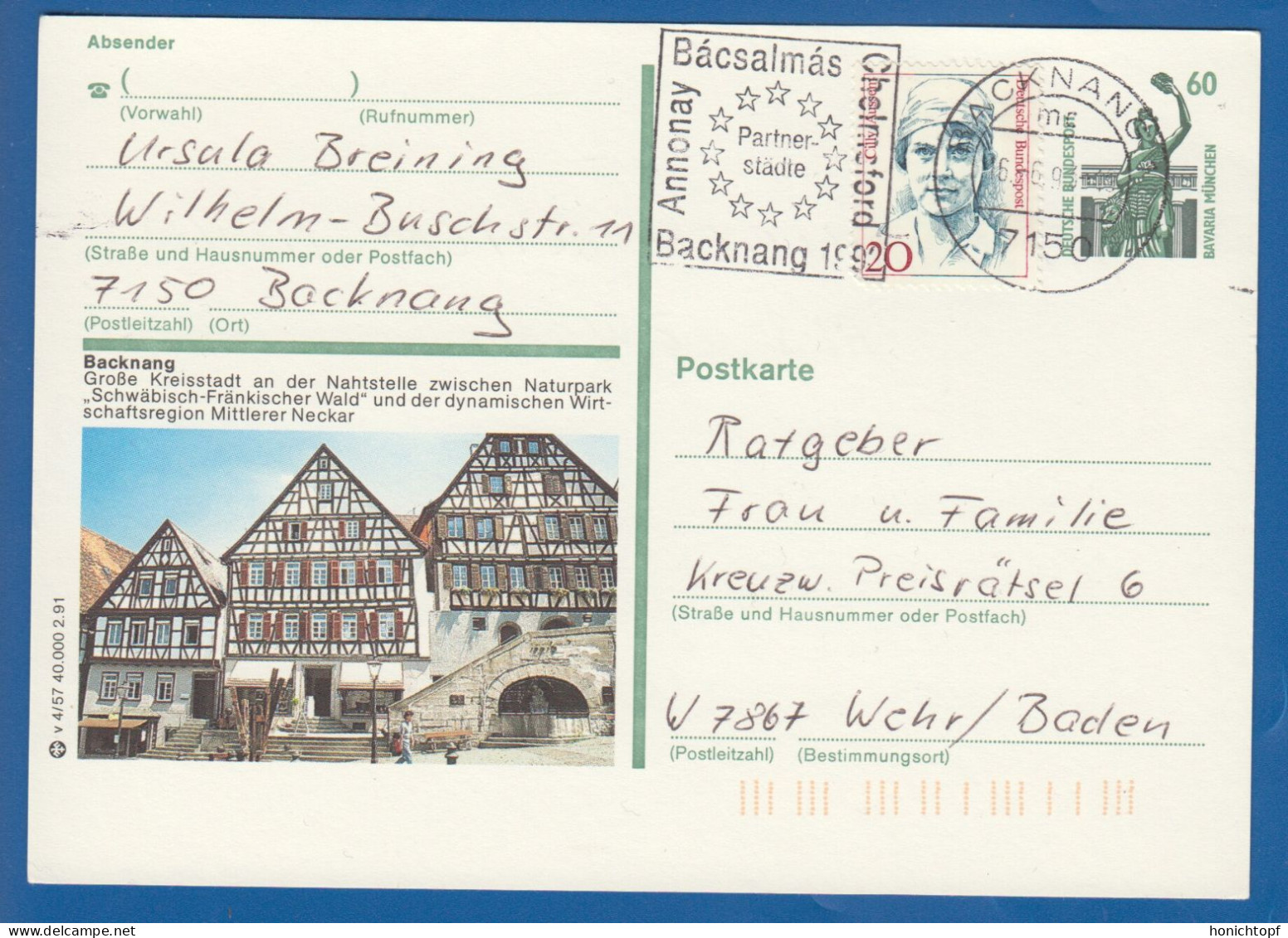 Deutschland; BRD; Postkarte; 20+60 Pf Bavaria München Und Cilly Aussem; Backnang;1993 - Illustrated Postcards - Used