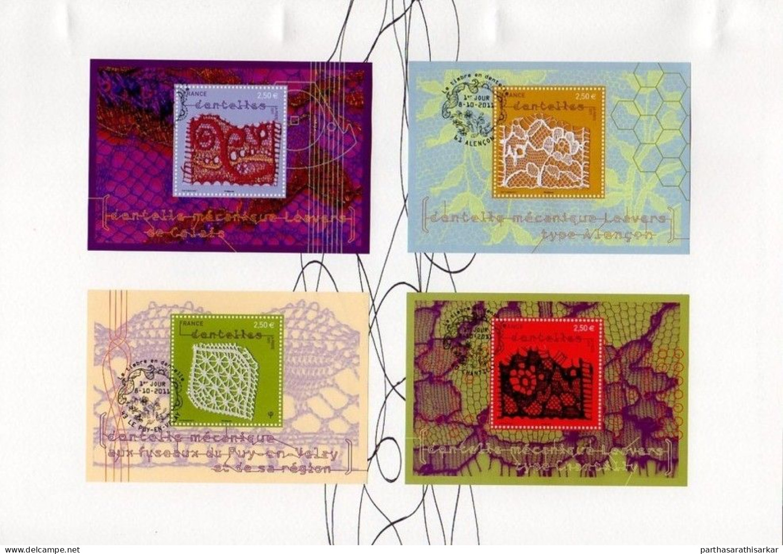 FRANCE 2011 EMBROIDERY SET OF 4 UNUSUAL MINIATURE SHEET MS CANCELLED OFFICIAL DOCUMENT WITH PROOF USED RARE - Altri & Non Classificati