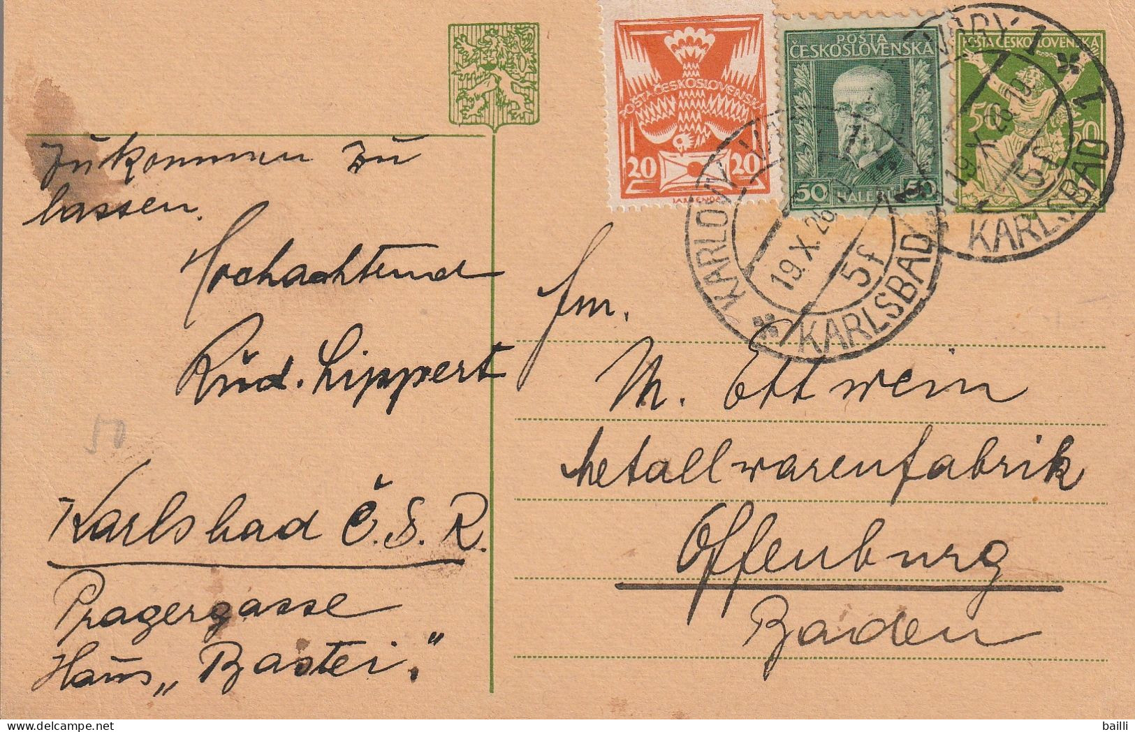 Tchécoslovaquie Entier Postal  Pour L'Allemagne 1926 - Postkaarten