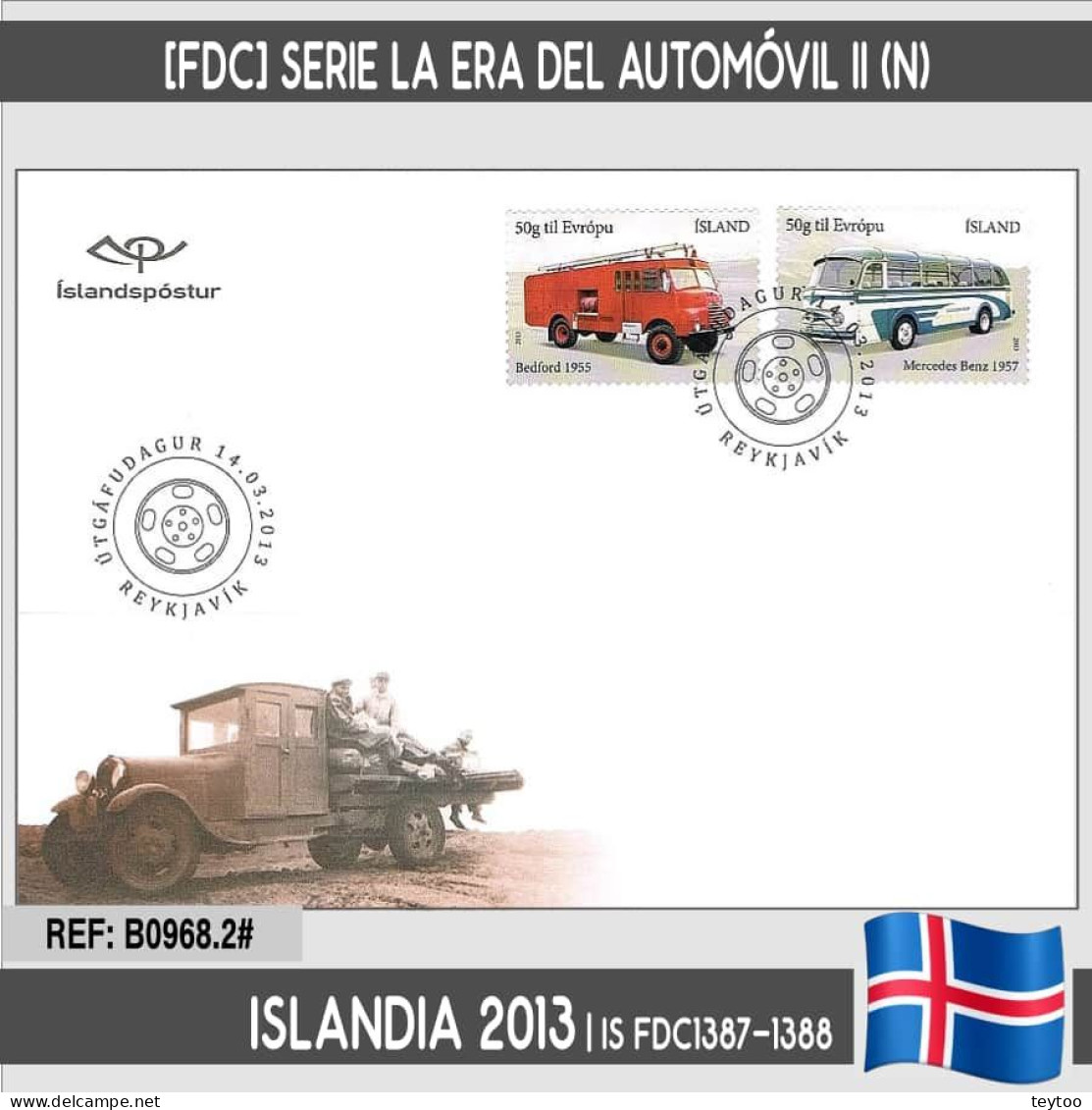 B0968.2# Islandia 2013 [FDC] Serie La Era Del Automóvil II (N) - FDC
