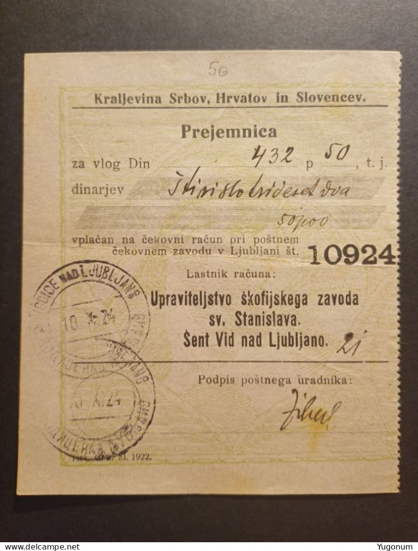 Yugoslavia Slovenia 1924 Receipt " Prejemnica" With  Stamp "Vodice Nad Ljubljano" (No 2098) - Storia Postale