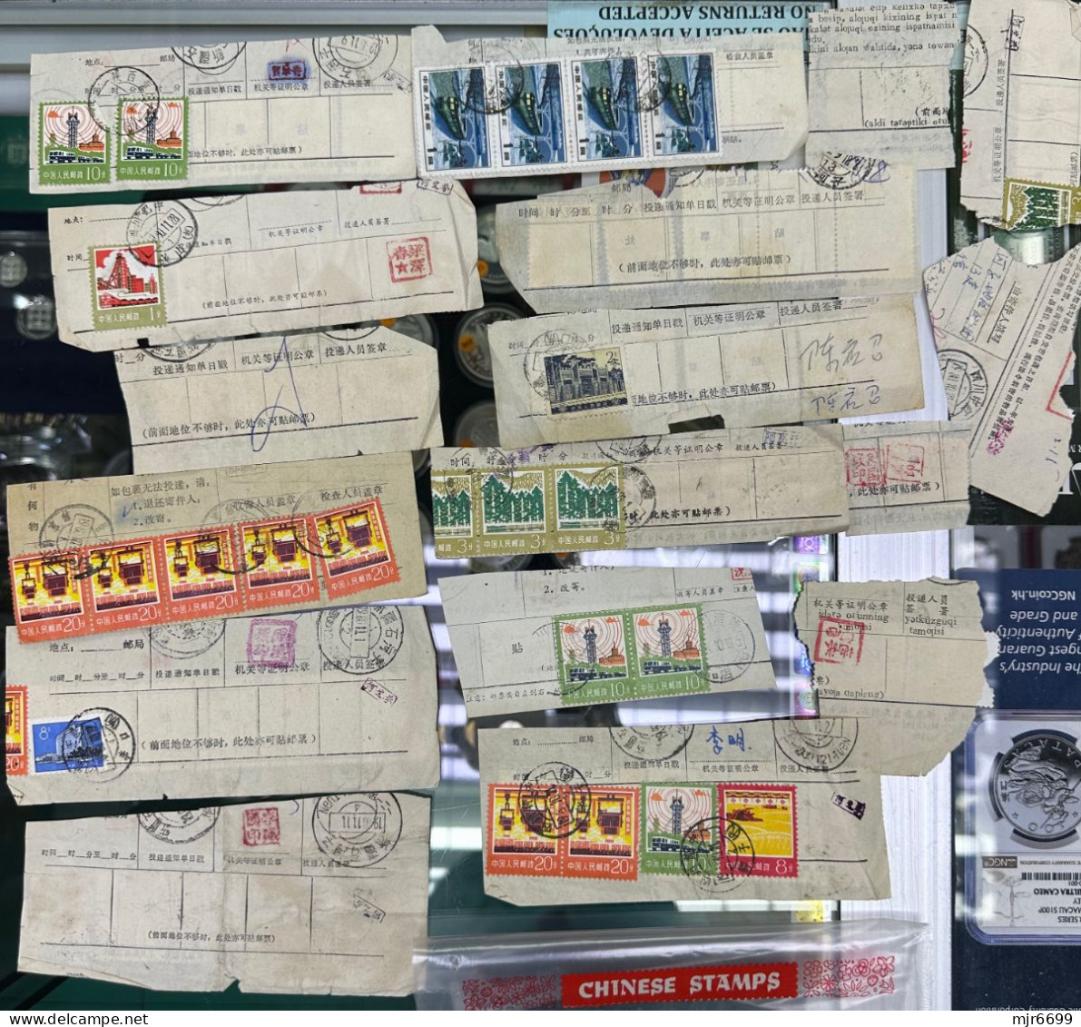 CHINA LOT OF 10 BAGS, STAMPS USED ON REMITANCE OR OTHER TYPE OF RECEIPTS, SOME GOOD VALUES AND GOOD CANCELATIONS - Lots & Serien