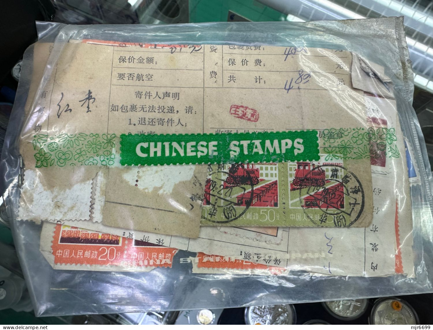 CHINA LOT OF 10 BAGS, STAMPS USED ON REMITANCE OR OTHER TYPE OF RECEIPTS, SOME GOOD VALUES AND GOOD CANCELATIONS