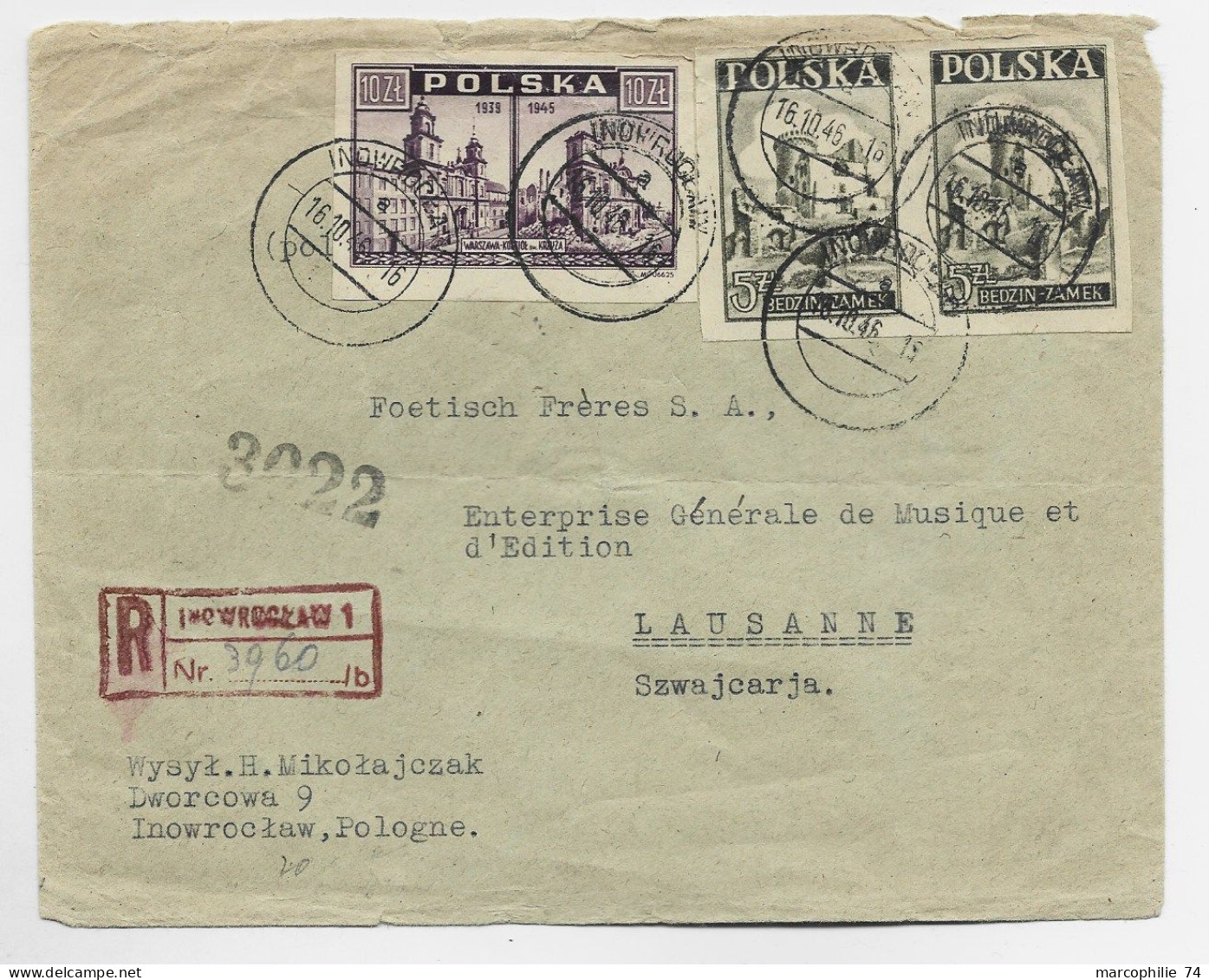 POLSKA POLAND 10 ZT + ZT X2 LETTRE COVER REC INOWROCLAW 16.10.1946 TO SUISSE - Briefe U. Dokumente