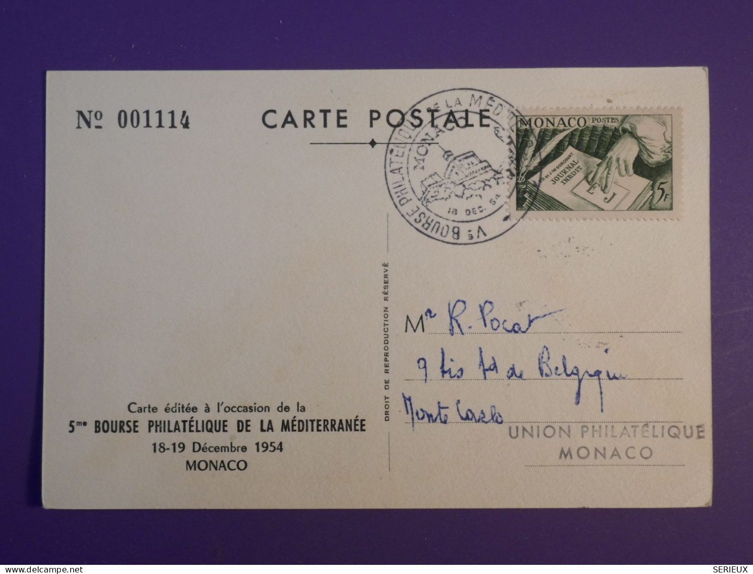 BN0 MONACO BELLE  CARTE 1954 MONTE CARLO  +BOURSE + AFF. INTERESSANT++ - Briefe U. Dokumente