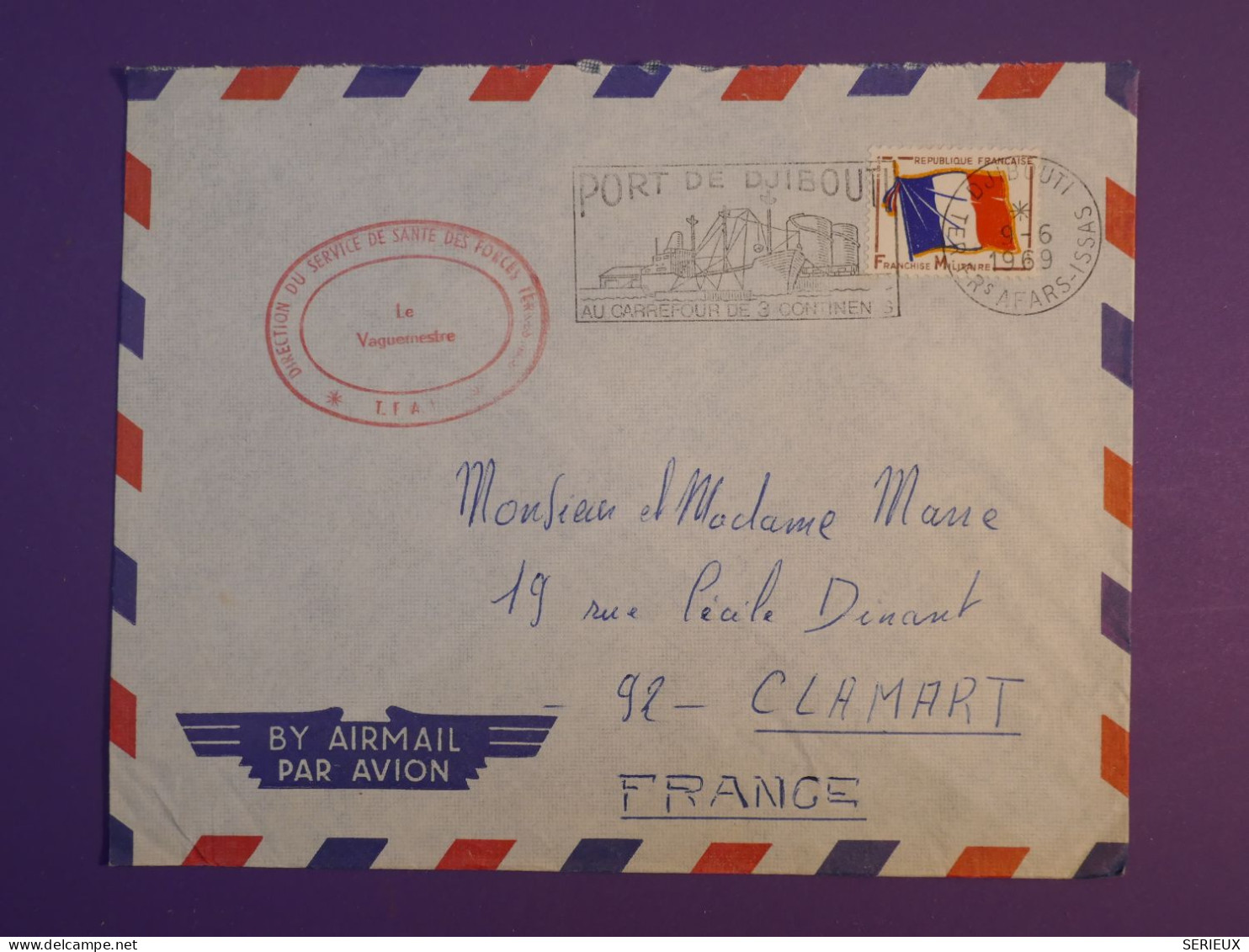 BN0 FRANCE  PORT DJIBOUTI  BELLE LETTRE FM  1969 A CLAMART + AFF. INTERESSANT++ - Lettres & Documents