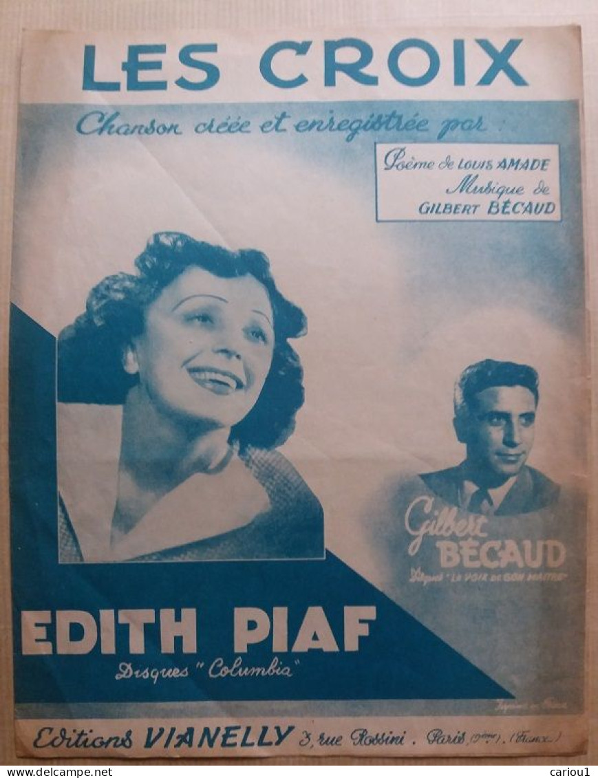 C1 EDITH PIAF Partition LES CROIX 1953 Gilbert BECAUD Louis AMADE - Otros & Sin Clasificación