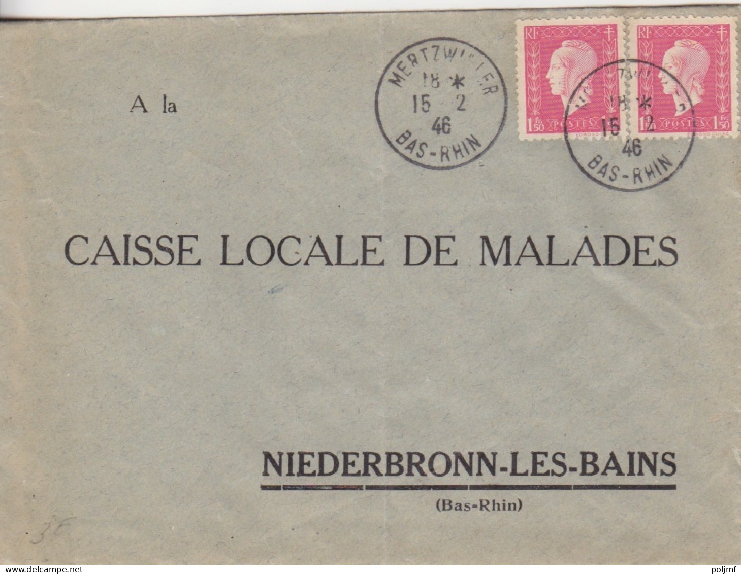 Lettre Pré-imprimée Obl Mertzwiller Le 15/2/46 Sur 1F50 Dulac X 2 = 3F (tarif Du 1/1/46) Pour Niederbronn - 1944-45 Marianne (Dulac)