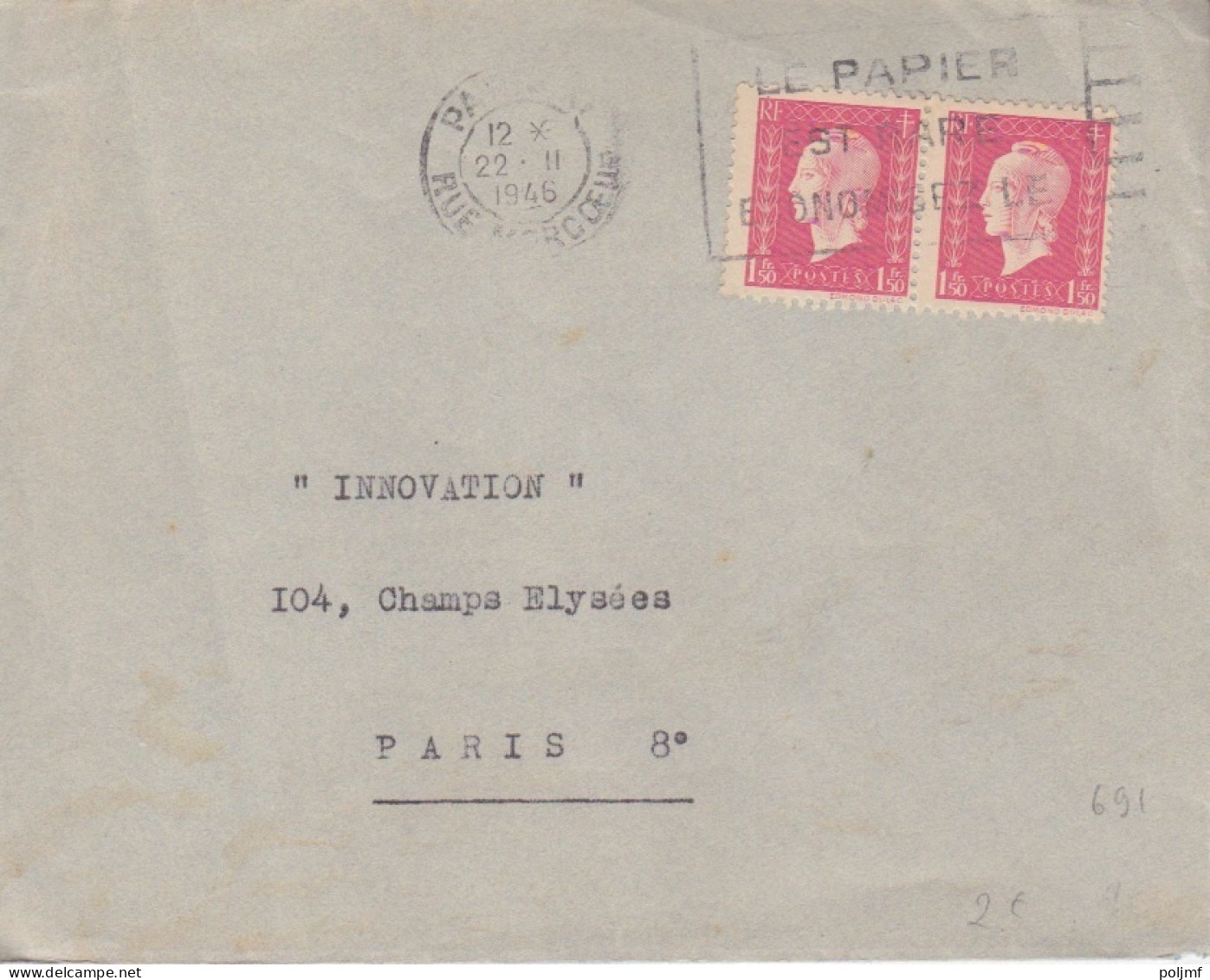 Lettre Obl. Flier Paris XI Le 22 II 46 Sur 1F50 Dulac X 2 = 3F (tarif Du 1/1/46) Pour Paris - 1944-45 Marianne De Dulac