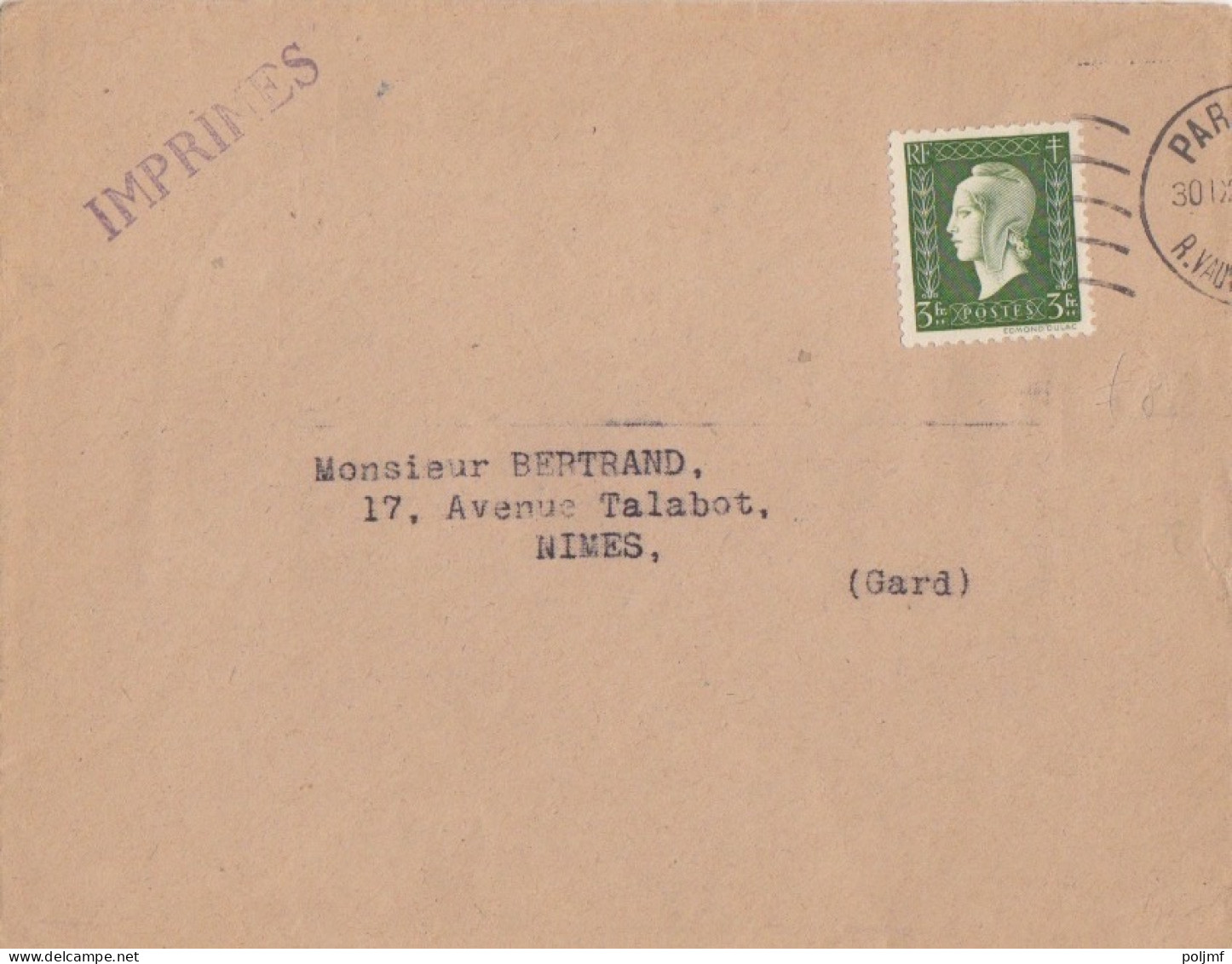 Lettre Imprimés Obl. Paris Le 30 IX 46 Sur 3F Dulac N° 694 (tarif Du 1/1/46) Pour Nimes - 1944-45 Marianne Van Dulac