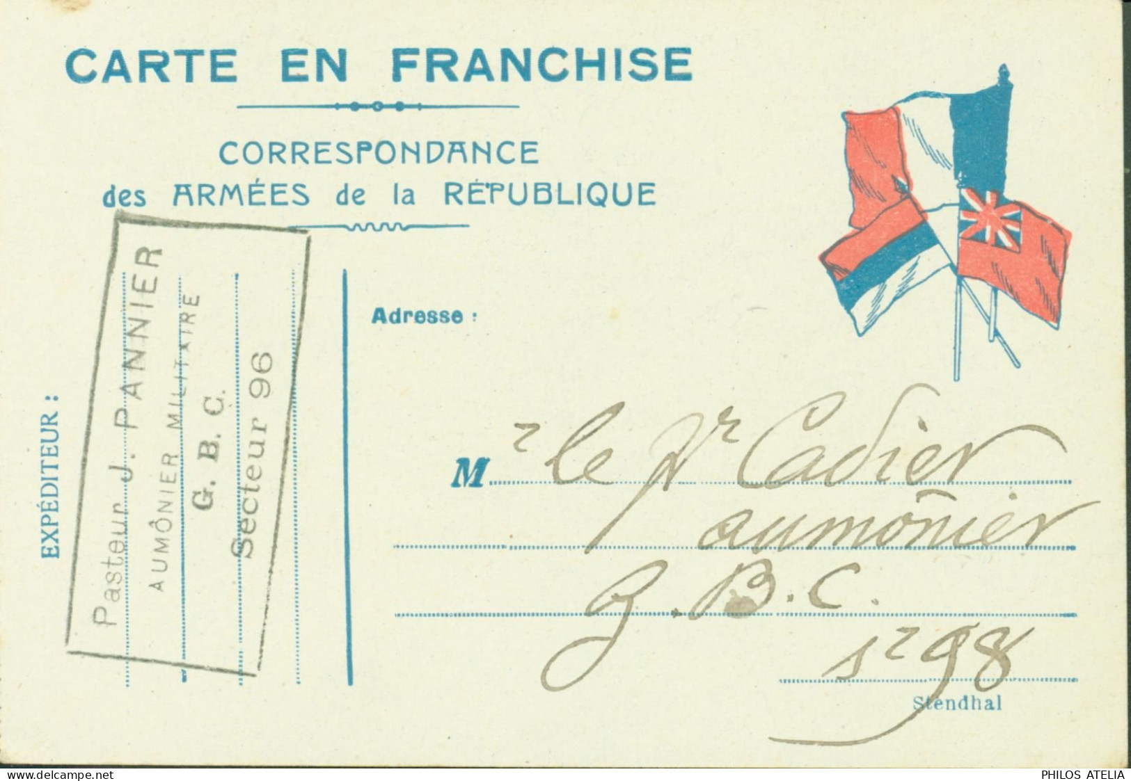 Guerre 14 Carte En Franchise Armées De La République Drapeaux France Angleterre Serbie ? Expéditeur Pasteur Aumônier - 1. Weltkrieg 1914-1918