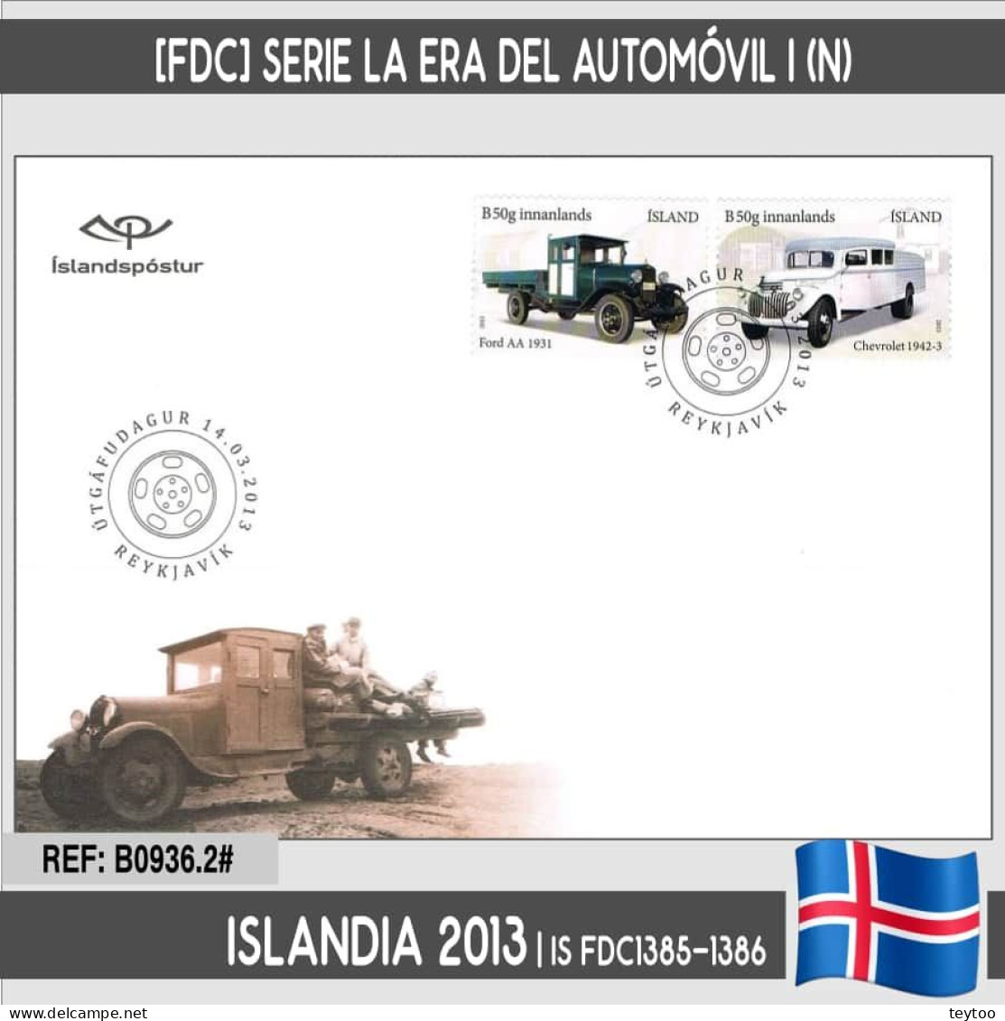 B0936.2# Islandia 2013 [FDC] Serie La Era Del Automóvil I (N) - FDC