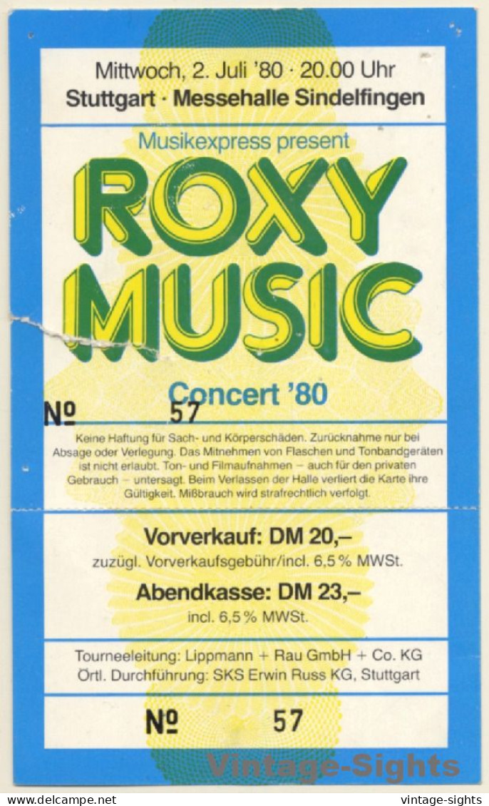 Roxy Music Concert '80 / Stuttgart - Bryan Ferry (Vintage Concert Ticket) - Concert Tickets