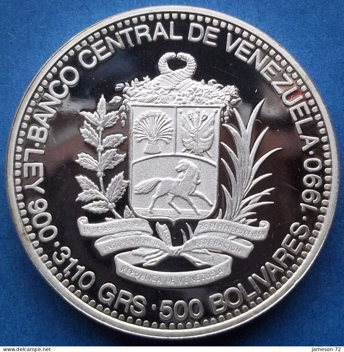 VENEZUELA - Silver 500 Bolivares 1990 "Jose Antonio Paez" Y# 64 Reform Coinage (1896-1999) - Edelweiss Coins - Venezuela