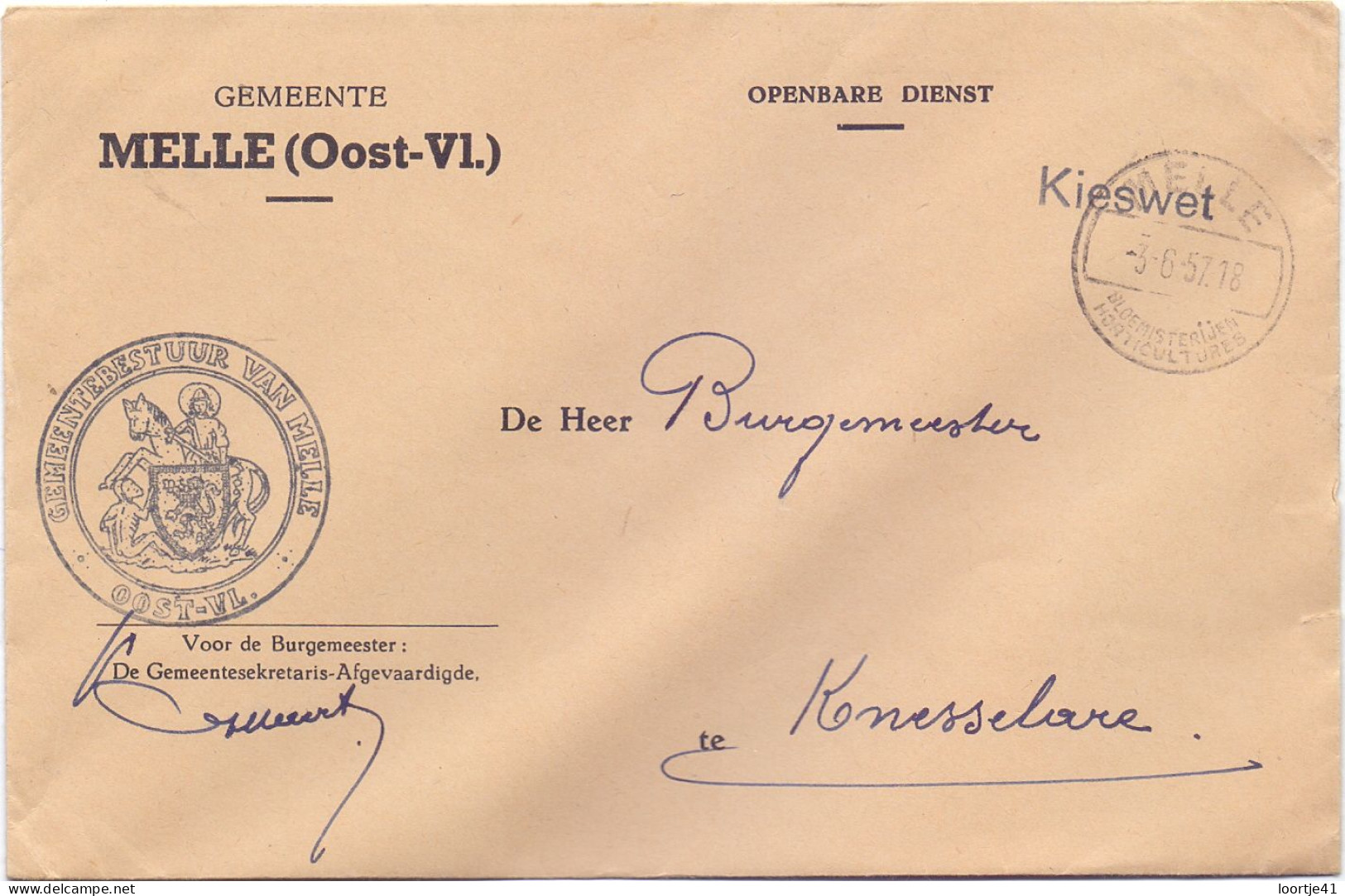 Omslag Enveloppe - Gemeentebestuur Melle - 1957 - Briefe