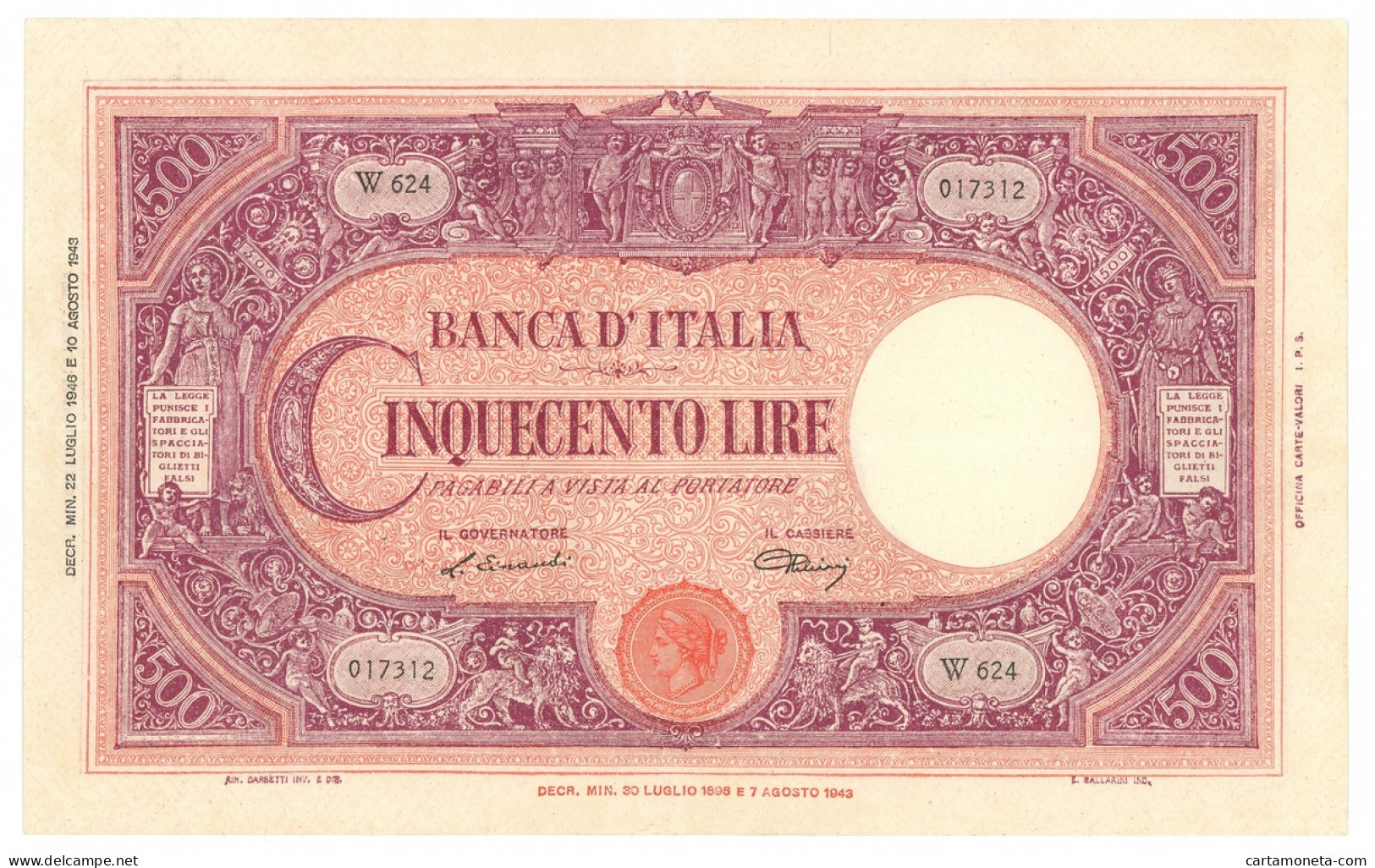 500 LIRE BARBETTI GRANDE C TESTINA BI REPUBBLICA ITALIANA 22/07/1946 BB/SPL - Andere & Zonder Classificatie