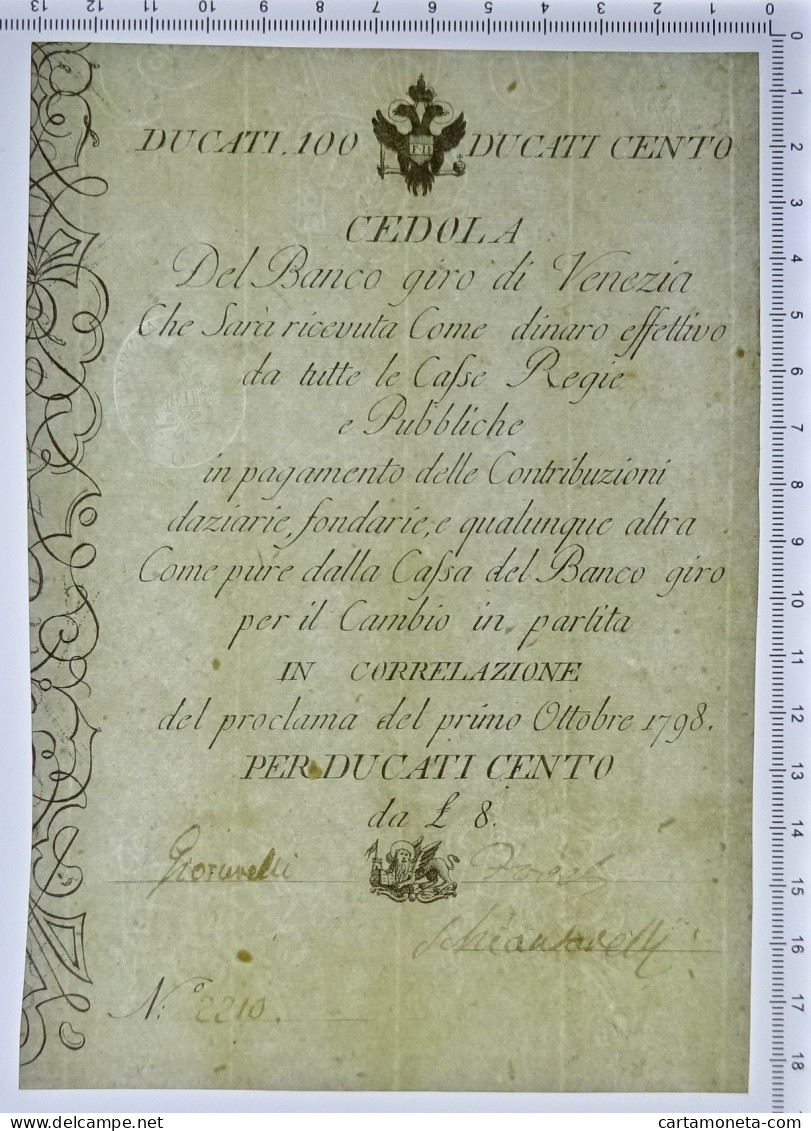 100 DUCATI CEDOLA BANCO GIRO DI VENEZIA 01/10/1798 SUP+ - Altri & Non Classificati