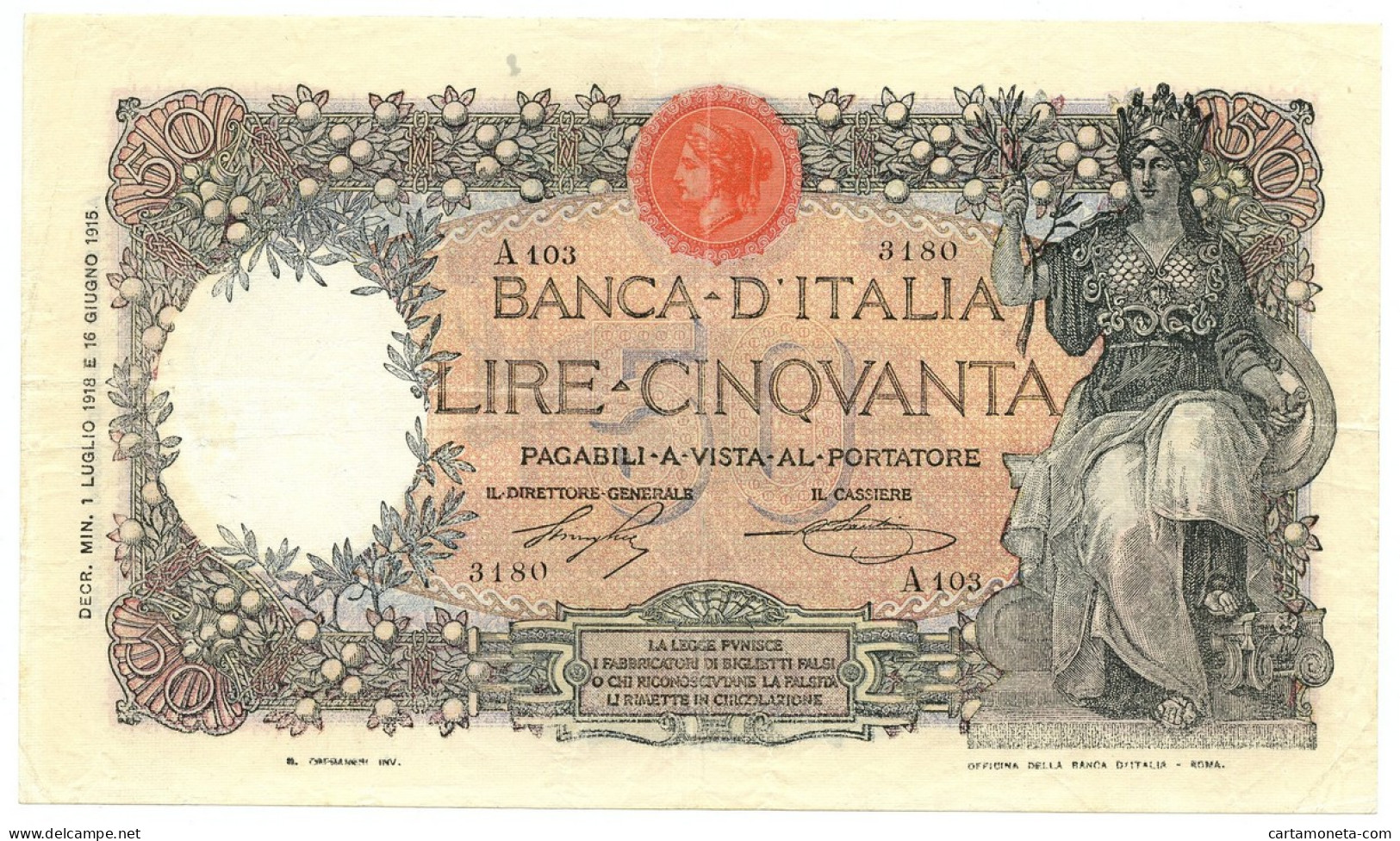 50 LIRE CAPRANESI BUOI TESTINA DECRETO 01/07/1918 BB/SPL - Regno D'Italia – Autres