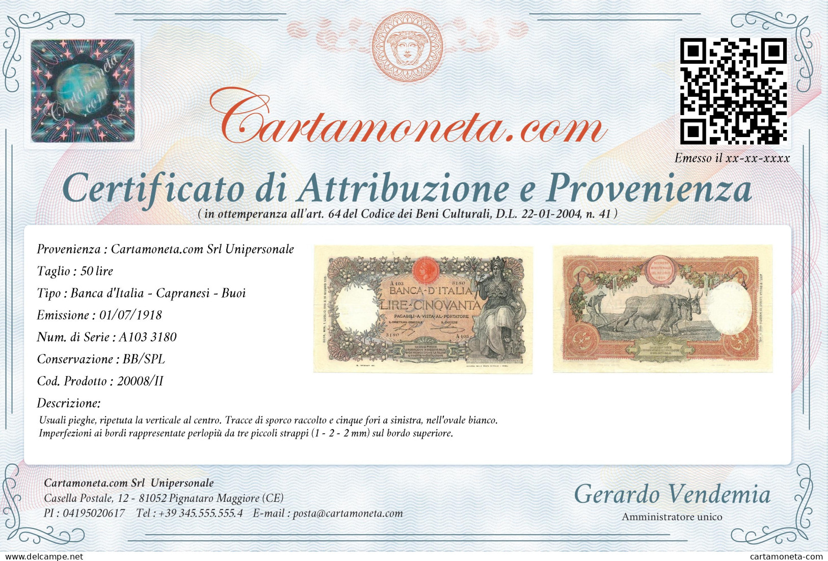 50 LIRE CAPRANESI BUOI TESTINA DECRETO 01/07/1918 BB/SPL - Regno D'Italia - Altri