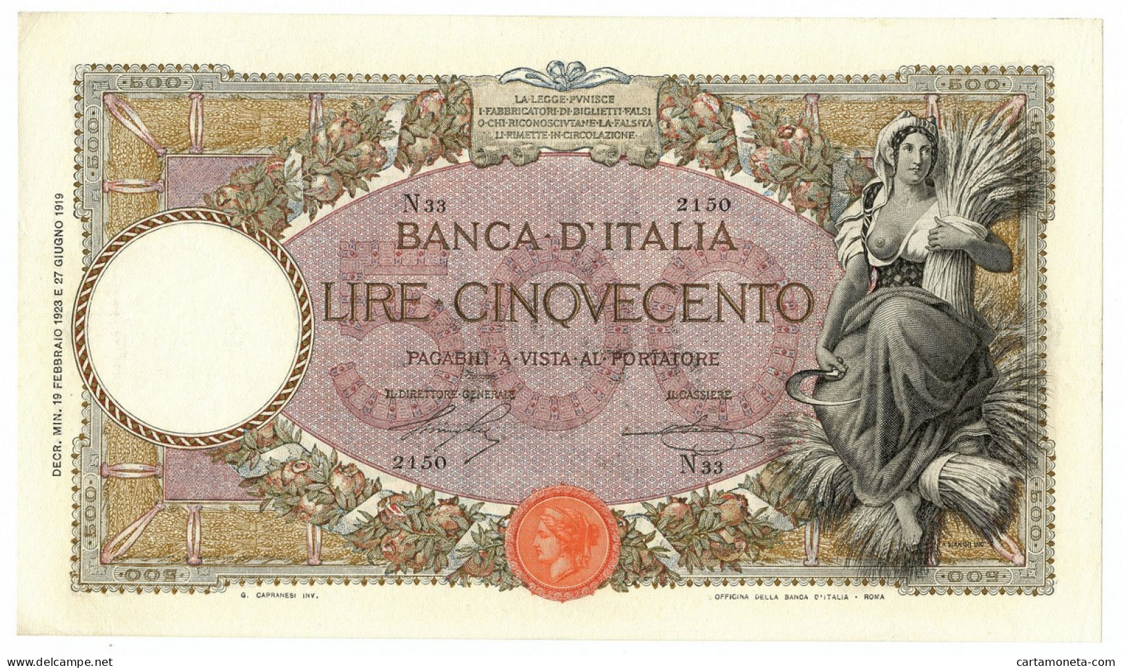 500 LIRE CAPRANESI MIETITRICE TESTINA DECRETO 19/02/1923 SPL- - Regno D'Italia - Altri