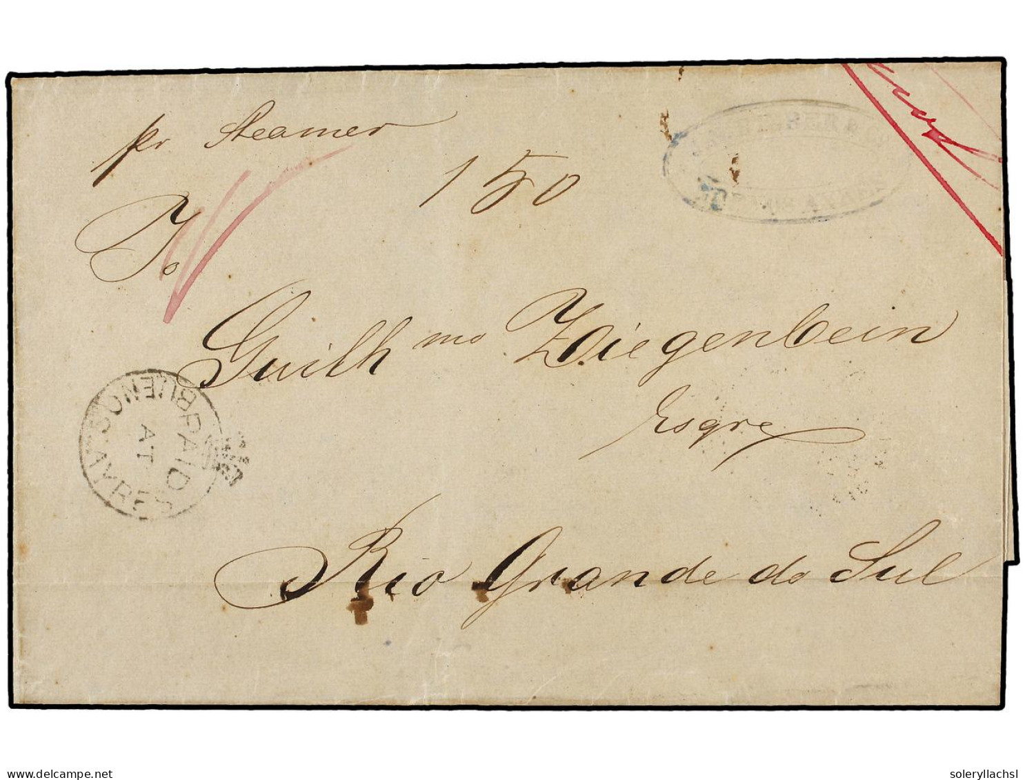 ARGENTINA. 1856. BUENOS AIRES A RIO GRANDE DO SUL (Brasil). Marc PAID/AT/BUENOS AIRES. MAGNÍFICA. - Autres & Non Classés