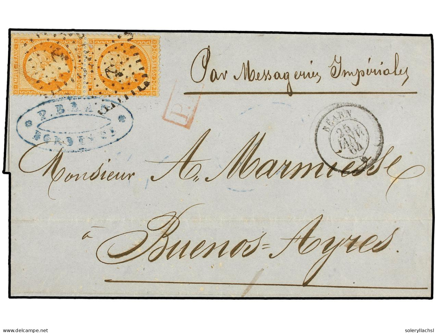 ARGENTINA. 1864. MARSEILLE A BUENOS AIRES. 40 Cts. Naranja (2) Mat. ANCLA Y Fechador Del Paquebot BEARN/* (Salles 1001). - Sonstige & Ohne Zuordnung