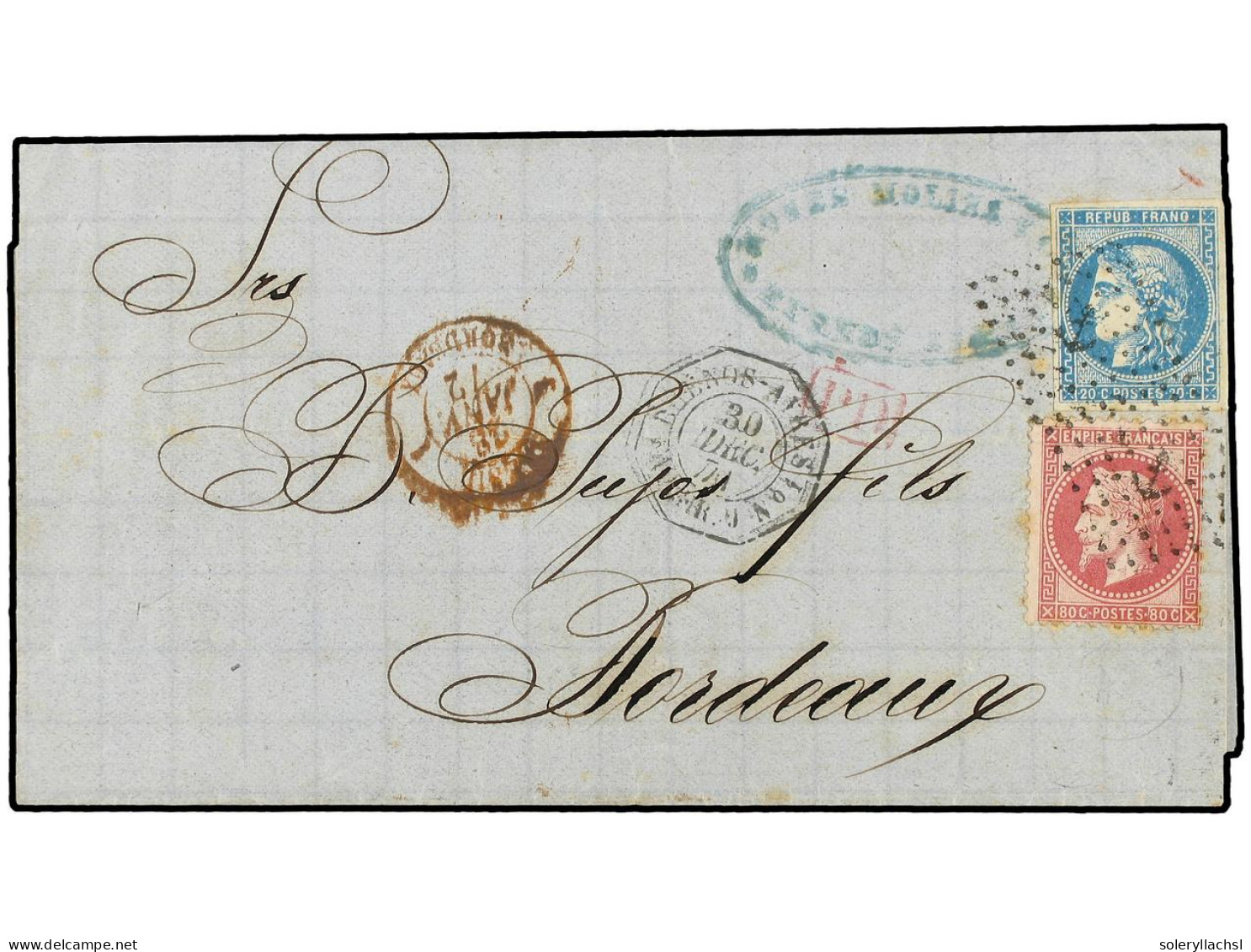 ARGENTINA. 1871 (Dec 30). Cover From BUENOS AIRES To BORDEAUX With Rare Mixed Issue Franking Of 1863-67 80c. Carmine Ros - Other & Unclassified