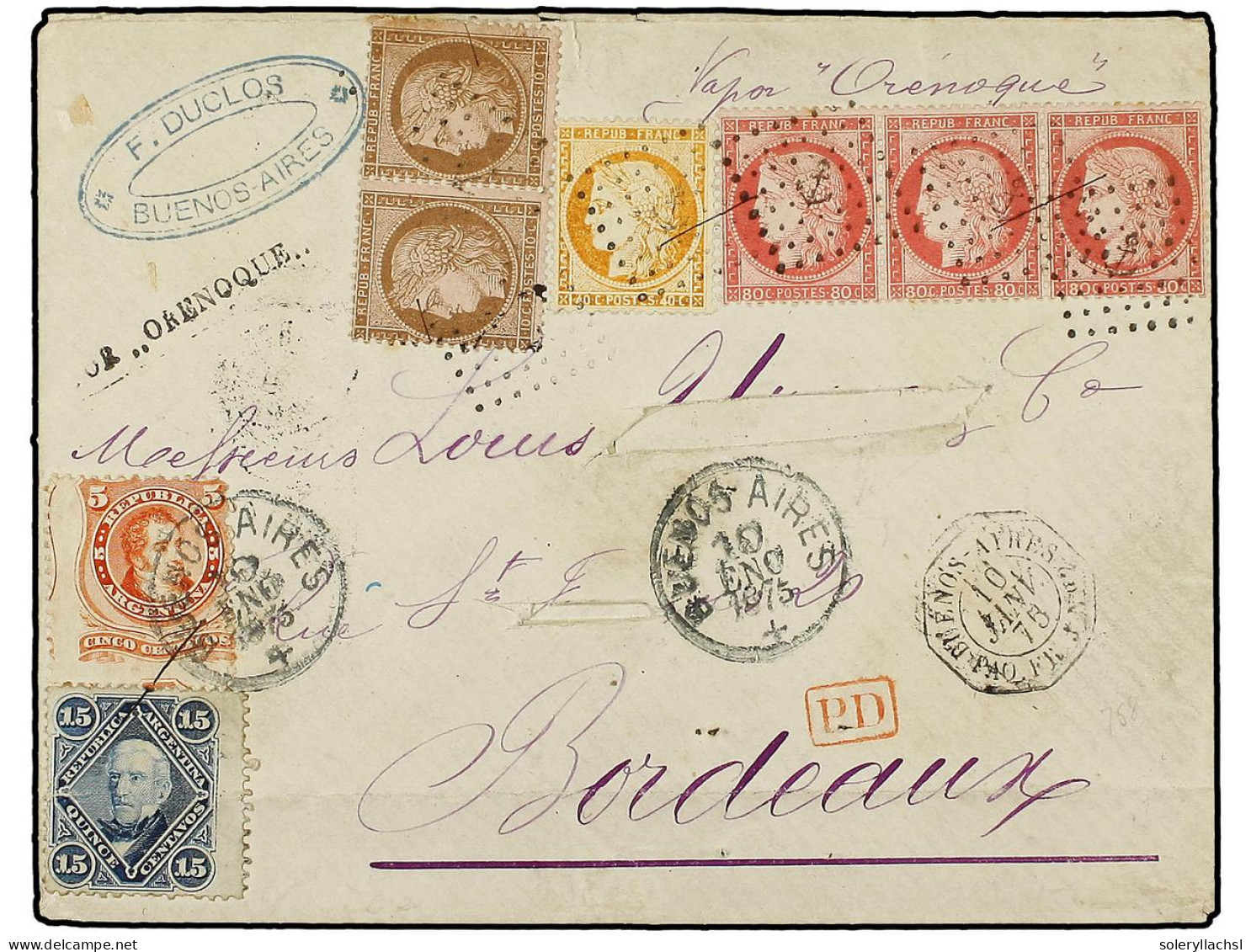 ARGENTINA. 1875 (Jan. 10). Cover From BUENOS AIRES To BORDEAUX (addressee's Surname Cut Out), Showing Interesting Por Or - Other & Unclassified