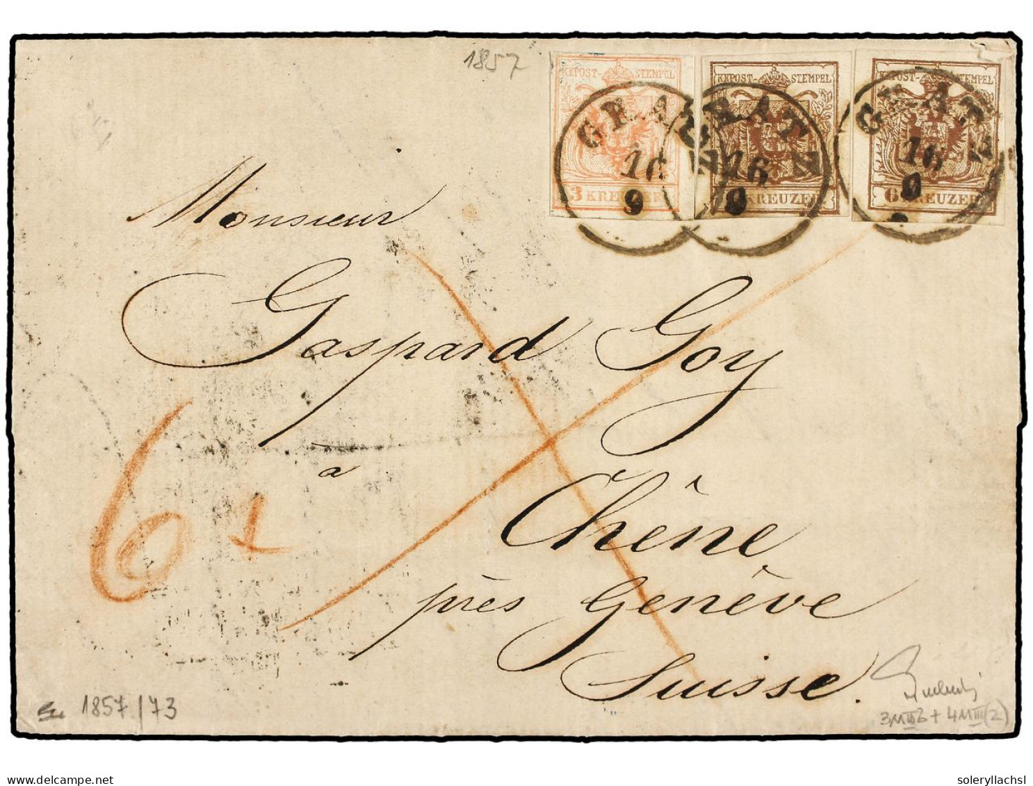 AUSTRIA. 1857 (Sept. 16). Entire Letter To CHÊNE (near Geneva Switzerland) Franked By 1850-54 Machine Paper 3kr. Red And - Other & Unclassified