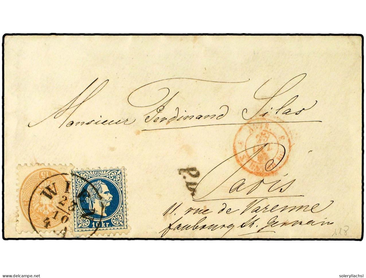 AUSTRIA. 1867 (Oct.). Cover To PARIS Franked By 1864 15 Kr. Pale Brown Arms Type, Perf 9 1/2 And 1867 10 Kr. Blue For 25 - Sonstige & Ohne Zuordnung