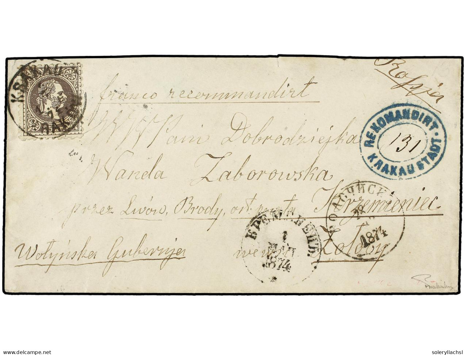 AUSTRIA. 1874. Registered Cover From KRAKAU (Poland) Addressed 'via Lvov, Brody' To RUSSIA Franked By Single 1867-74 25k - Other & Unclassified